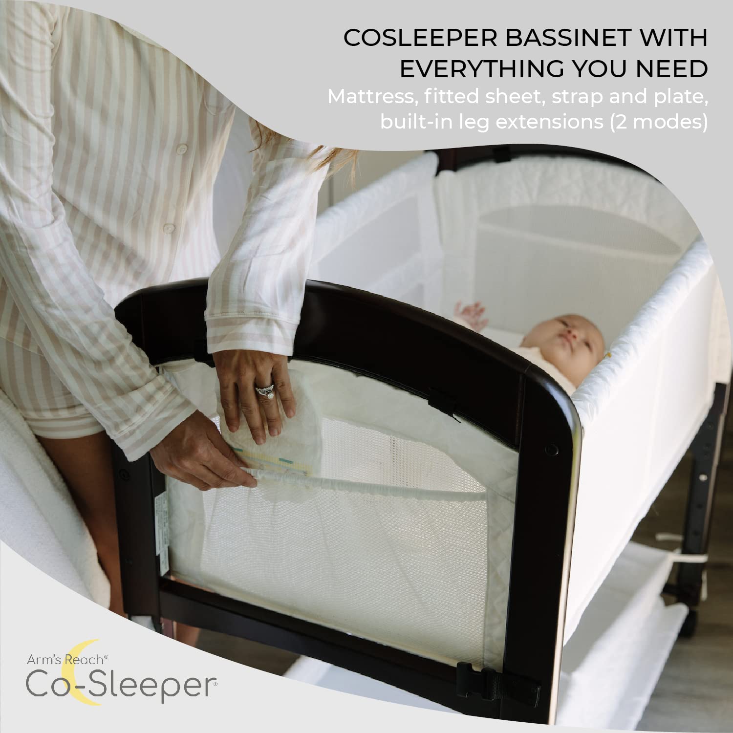 Arm’s Reach Cambria Co-Sleeper Bedside Bassinet - Adjustable Height, Breathable Mesh Sides with Storage Pockets & Large Basket, Espresso/White - Perfect for Newborns & Safe Co-Sleeping in Nursery or Master Bedroom