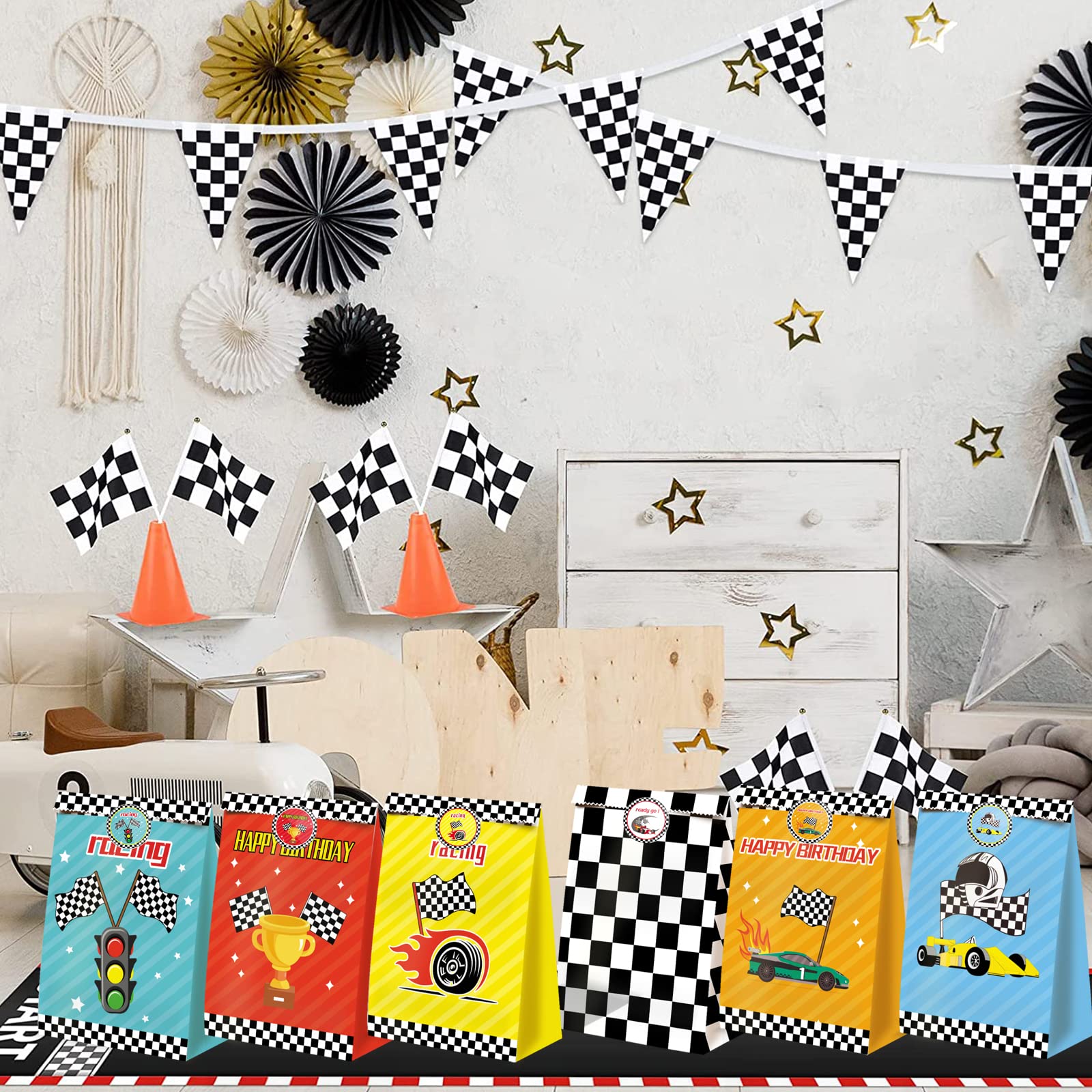 24 Pcs Race Car Party Supplies - Boys Race Car Gift Bags, Cars Theme Birthday Decorations, Racing Party Favors for Kids, Perfect for Race Car Birthday Parties and School Events
