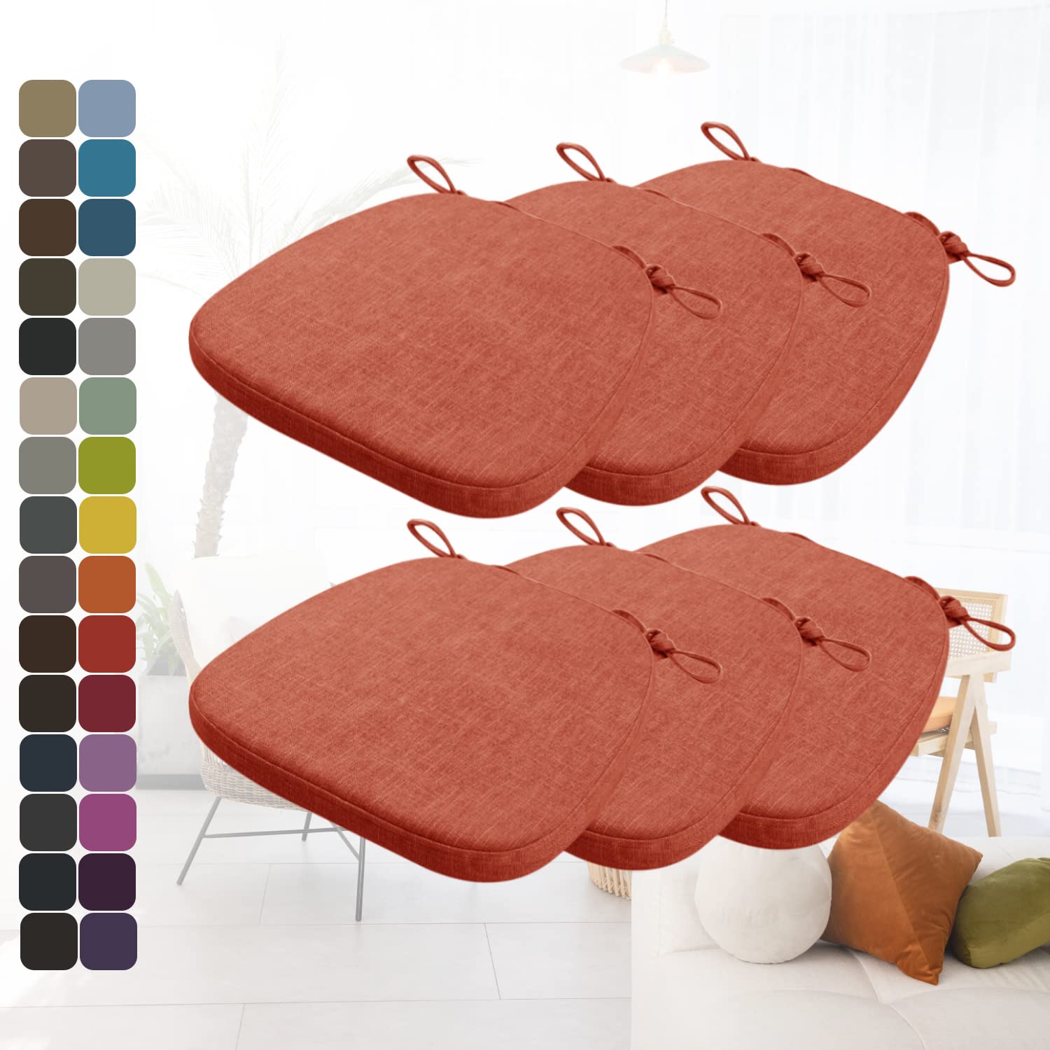 Kimgull 6-Pack Non-Slip Chair Cushions with Ties - Thickened Breathable Seat Pads, Detachable Washable Cover - Perfect for Kitchen, Dining Room, Office & Living Room Chairs (17x16.5x1.2 Inches, Crimson Red) - Enhance Comfort for Work, Meals & Relaxation