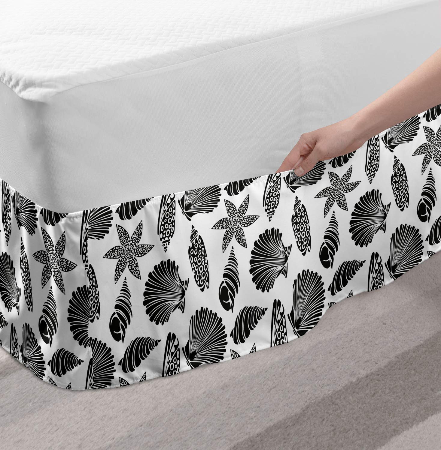 Ambesonne Underwater Bedskirt with Seashells, Starfish & Marine Plants - Monochrome Gathered Wrap Around Elastic Bed Skirt for Queen Size Beds - Charcoal Grey & White - Perfect for Beach Themed Bedrooms & Coastal Home Decor