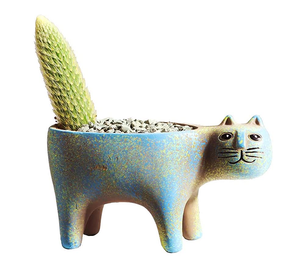 123Arts Ceramic Cat Planter - Succulent & Flower Pot with Retro Design - Cute Cat Ornament for Home Decor, Office Desk, and Garden