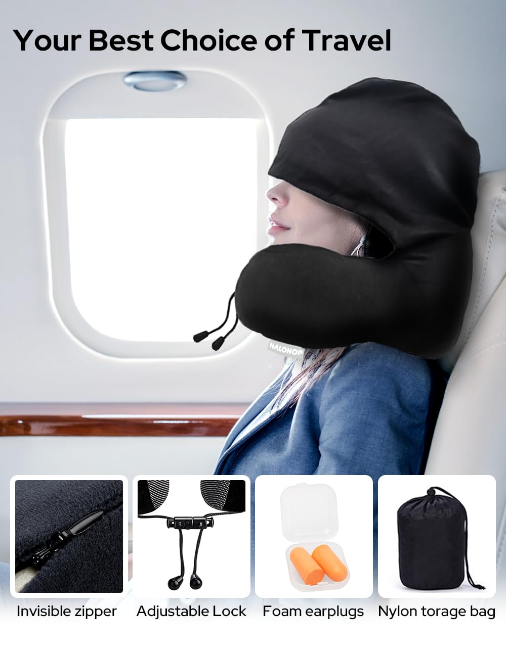 Halohop Hooded Neck Pillow for Airplane Travel - 100% Pure Memory Foam Neck Support Pillow for Flights, Cars & Office - Relieves Neck Pain, Machine Washable & Portable - Perfect for Long Flights, Road Trips & Work Breaks