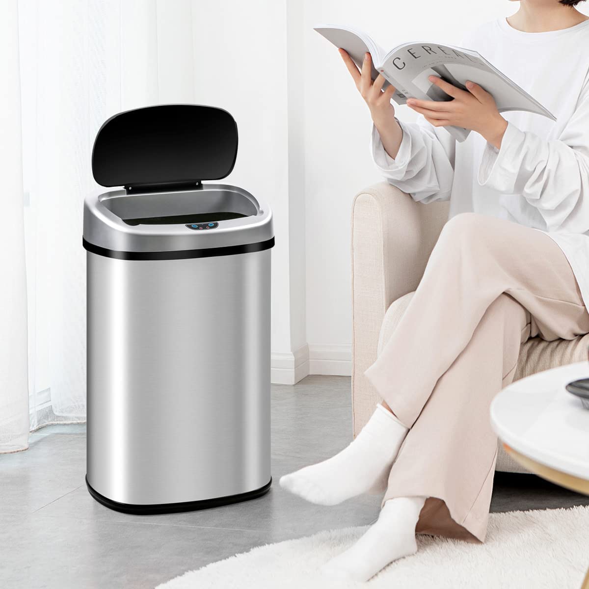 13 Gallon Automatic Stainless Steel Trash Can with Motion Sensor - Touch-Free Kitchen Garbage Bin with Lid for Home, Office, Living Room & Bedroom - Ideal for Hands-Free Waste Disposal & Hygienic Spaces