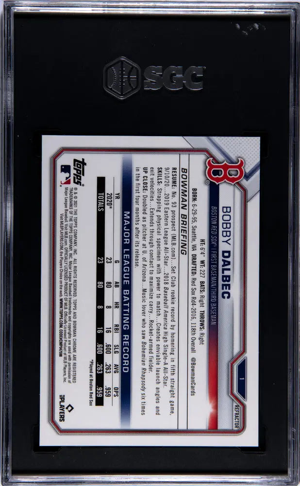 2021 Bowman Chrome Bobby Dalbec Rookie Card Refractor #/499 SGC 9.5 Gem Mint - Perfect for Baseball Card Collectors and Sports Memorabilia Enthusiasts