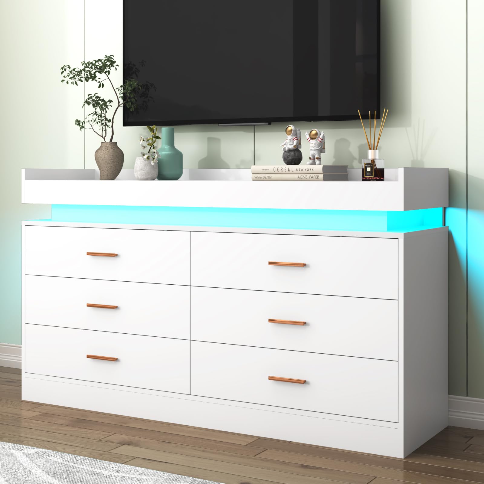 6-Drawer LED Dresser with USB Charging Station - Modern White Chest of Drawers for Bedroom, Closet & Entryway - Spacious Storage Cabinet with Wide Drawers for Clothes, Accessories & Home Organization - Perfect for Apartments, Dorms & Small Spaces