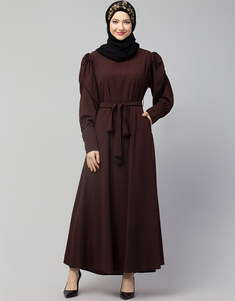 Elegant Arabic Long Cuff Gathered Puffed Sleeve Brown Abaya Dress for Women | Modest Islamic Clothing | Perfect for Prayer, Eid, Wedding & Special Occasions