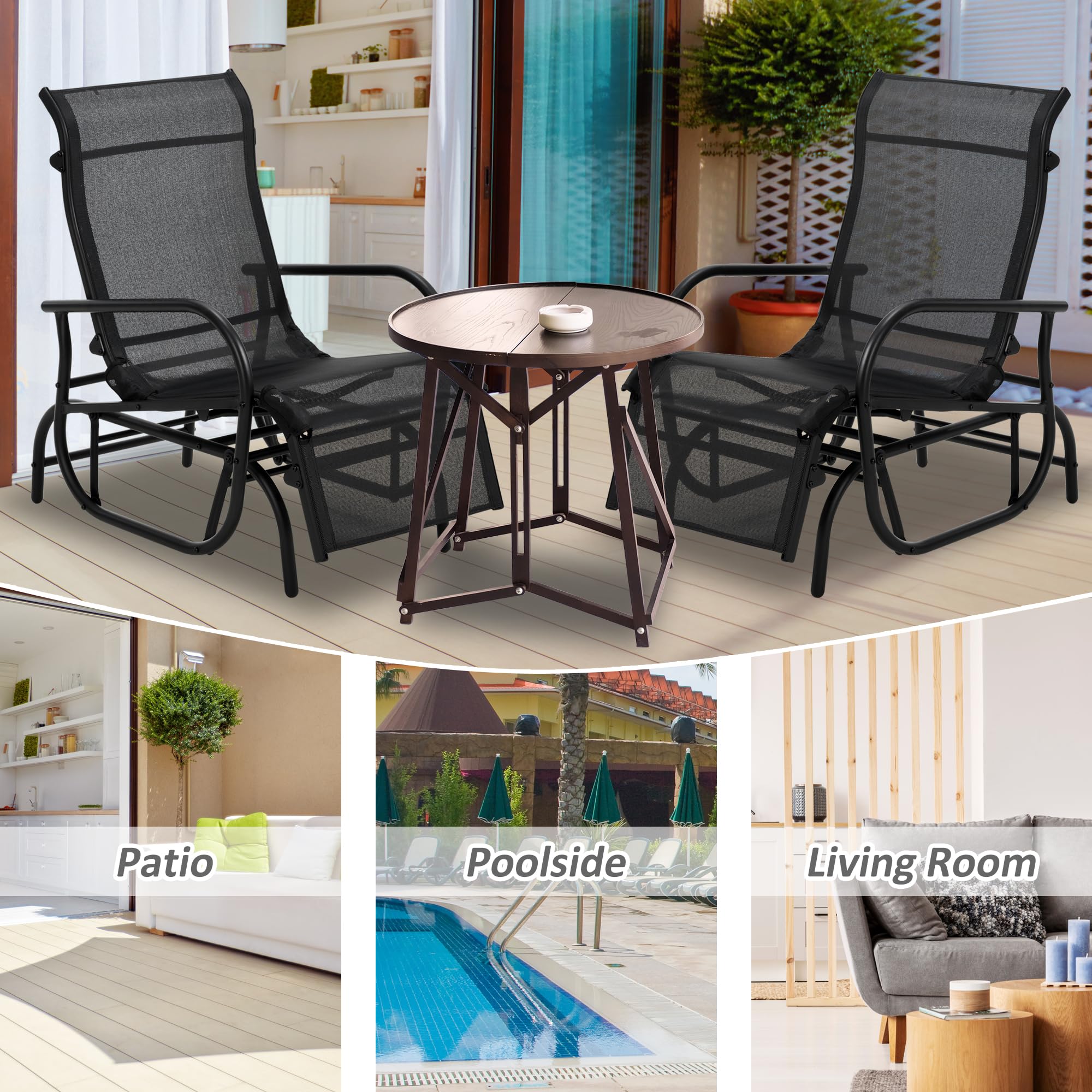 2-Piece Outdoor Patio Glider Chair Set - Durable Metal Frame with Breathable Mesh Fabric - Perfect for Backyard, Garden, Porch & Deck Relaxation - Black Swing Rocking Chairs for Comfortable Lounging