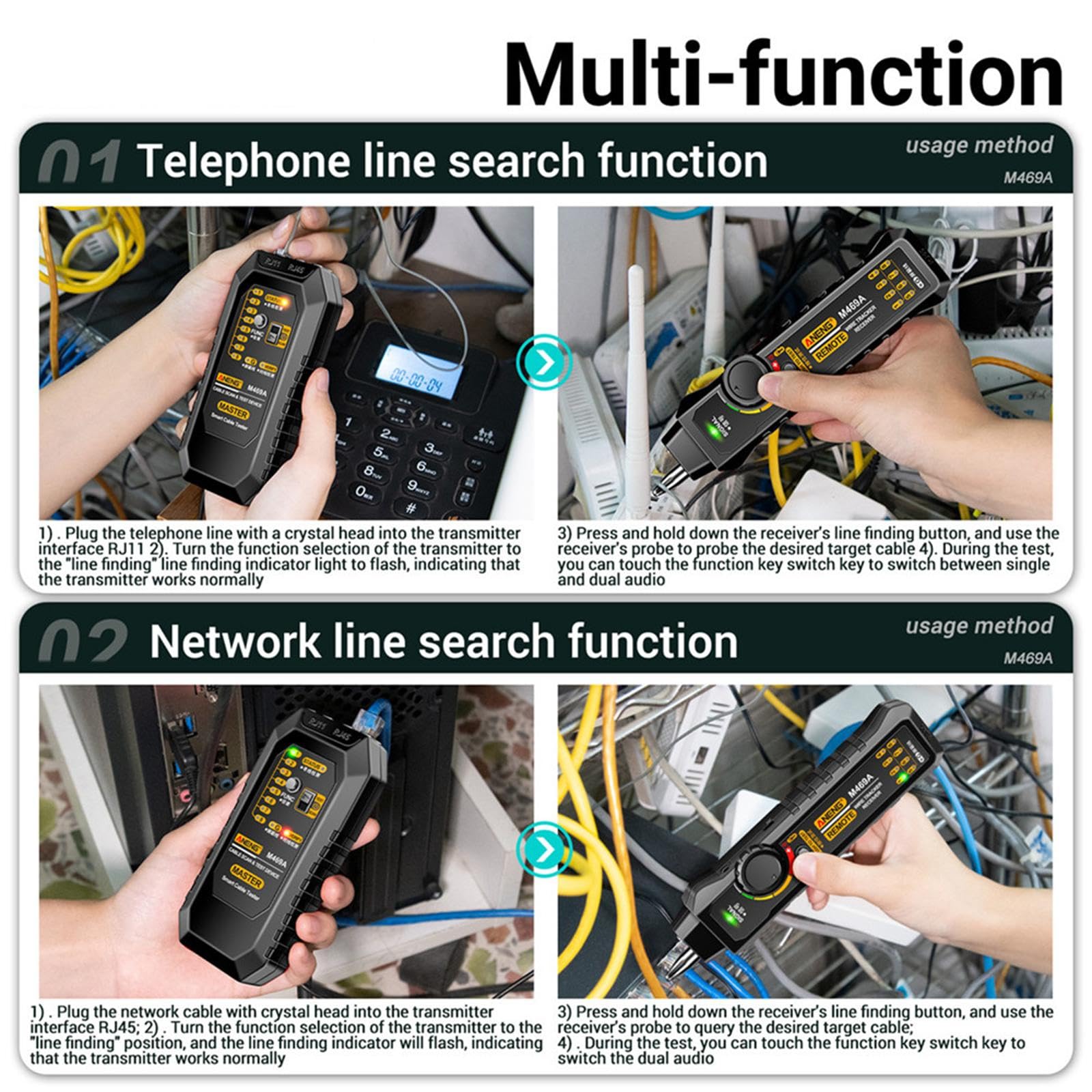 2-Pack Network Cable Tester Kit - RJ45 & RJ11 Line Finder with Optical CAT Detection - Professional Ethernet Cable Tester for Home, Office, and Data Center Networking Setup