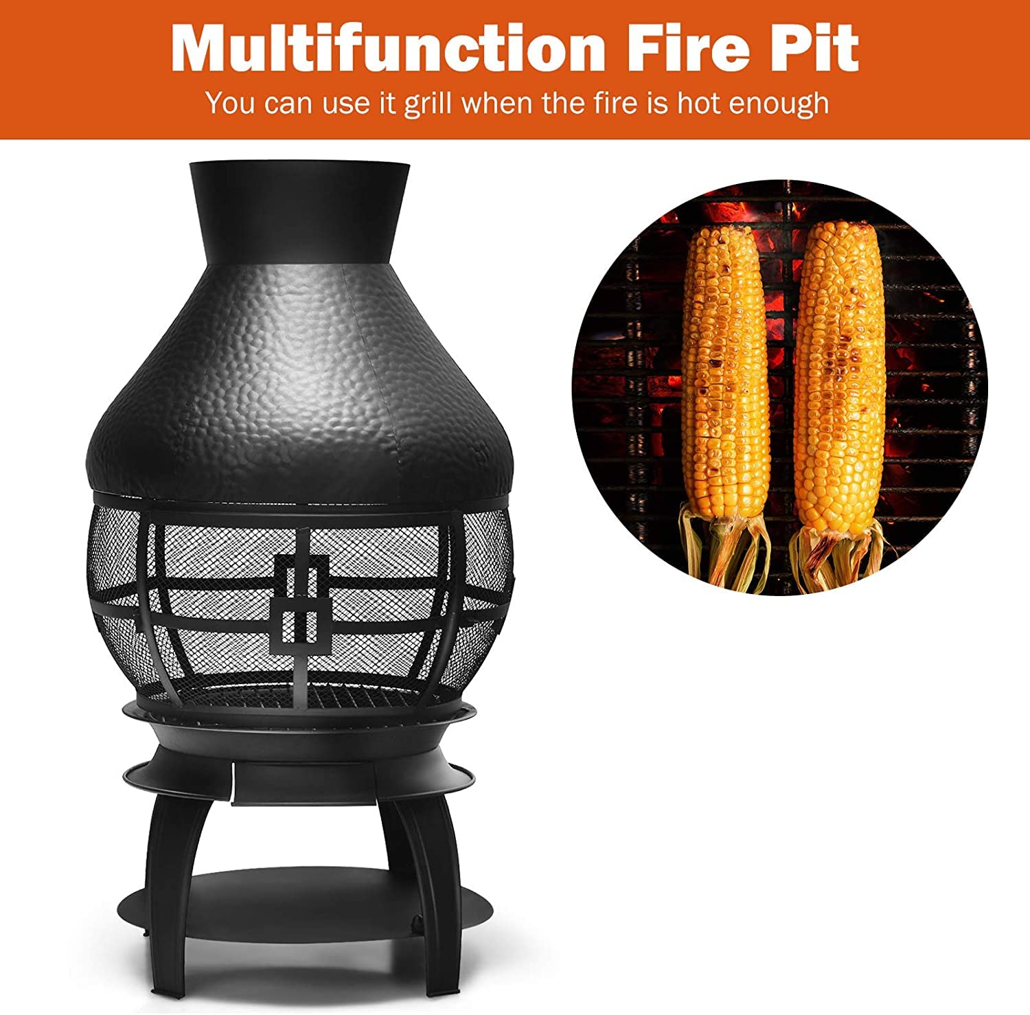 SAFSTAR Outdoor Cast Iron Chiminea - Wood Burning Fire Pit with Fire Poker & 360° Fire Retardant Mesh Cover - Durable Patio Chiminea for Backyard, Garden, and Camping Fireplace Use