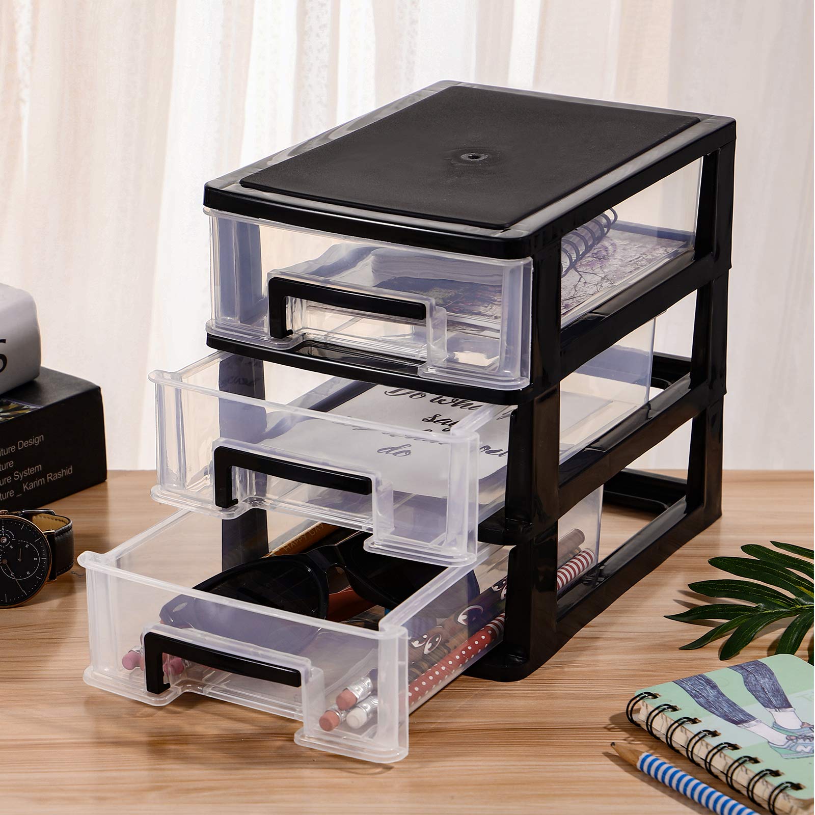 VOSAREA 3-Drawer Plastic Desktop Storage Organizer - Black & Transparent Dresser Organizer for Home, Office, and Craft Supplies | Perfect for Desk Organization, Makeup Storage, and Small Item Clutter Control
