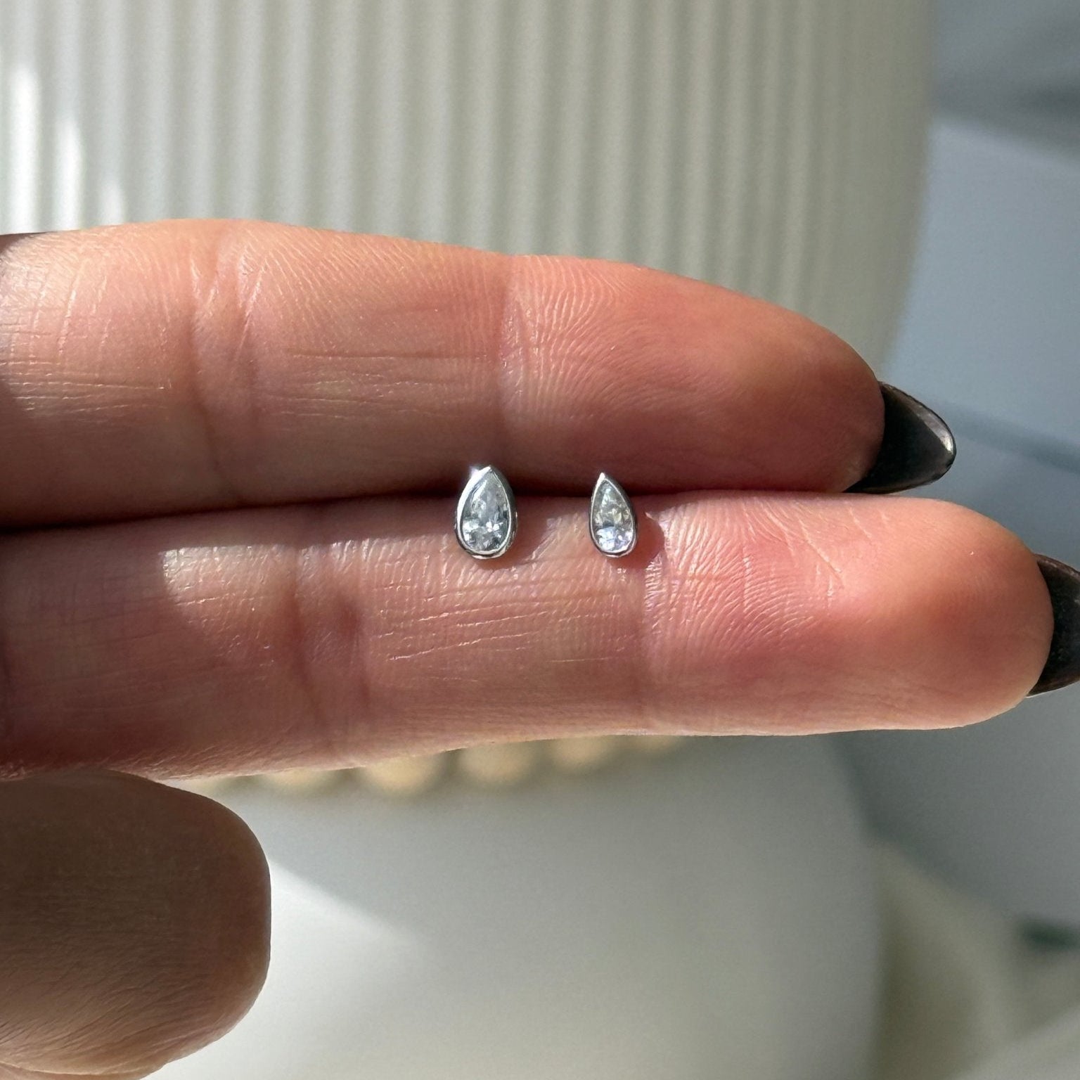 14K White Gold Pear Gemstone Stud Earrings - Flat Back Bezel Set for Secure Wear | Perfect for Everyday, Work & Special Occasions