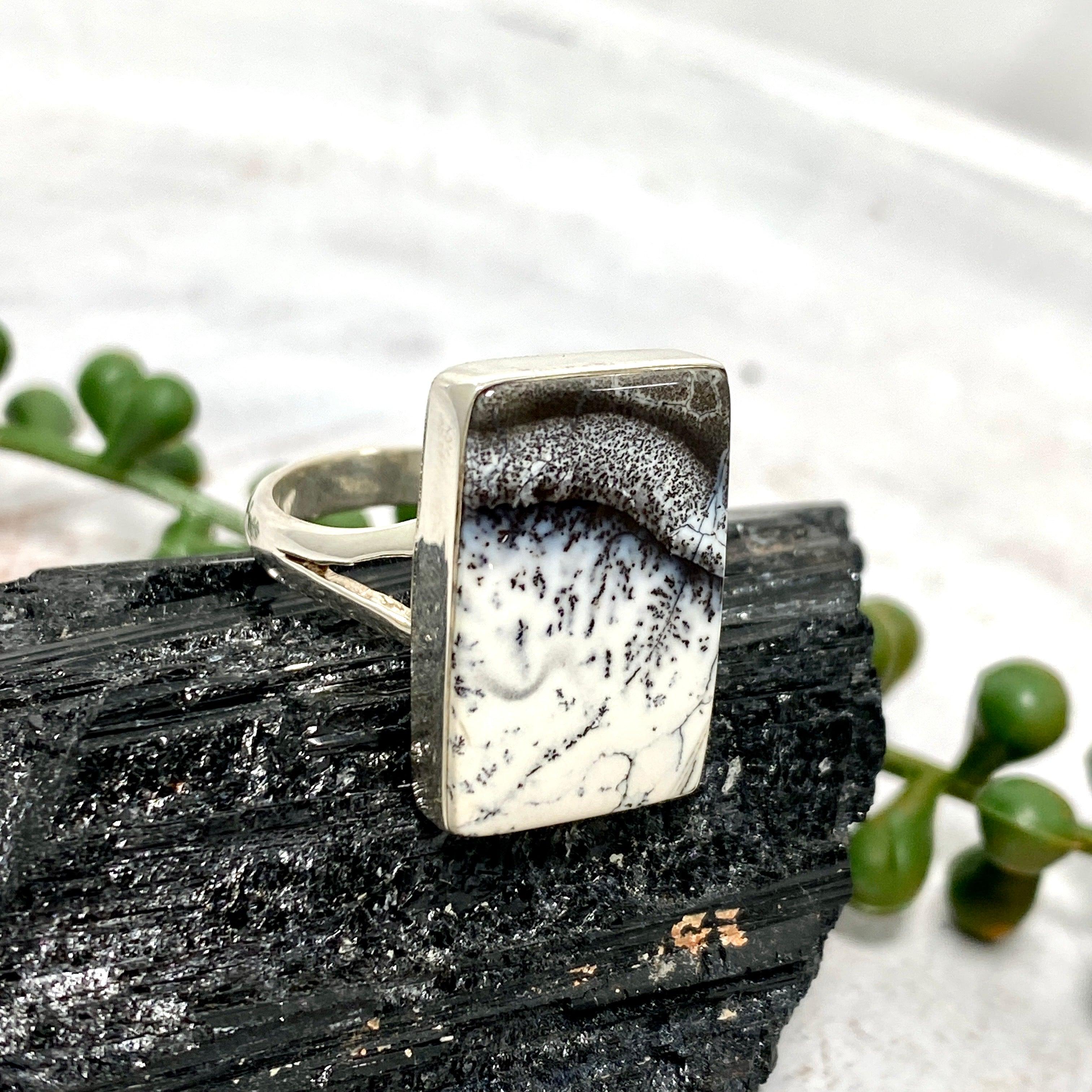 Dendritic Opal Rectangular Ring for Women - Size 10 - KRGJ2294 - Elegant Silver Jewelry for Everyday Wear, Special Occasions & Gift Giving