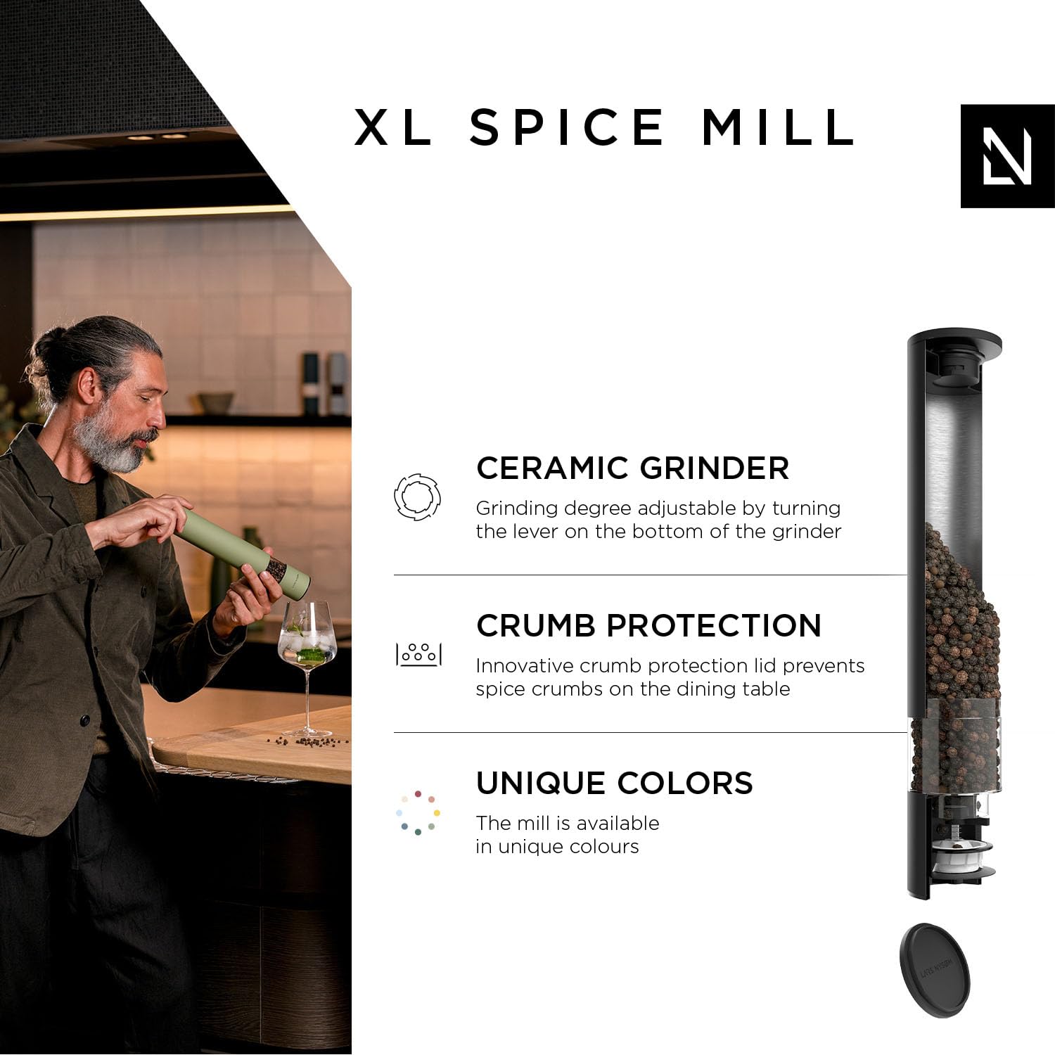 Premium Adjustable Ceramic Salt and Pepper Grinder Set - Manual Spice Mill with Coarse to Fine Grind - Modern Carbon Black Design for Kitchen, Dining Table & Outdoor Cooking