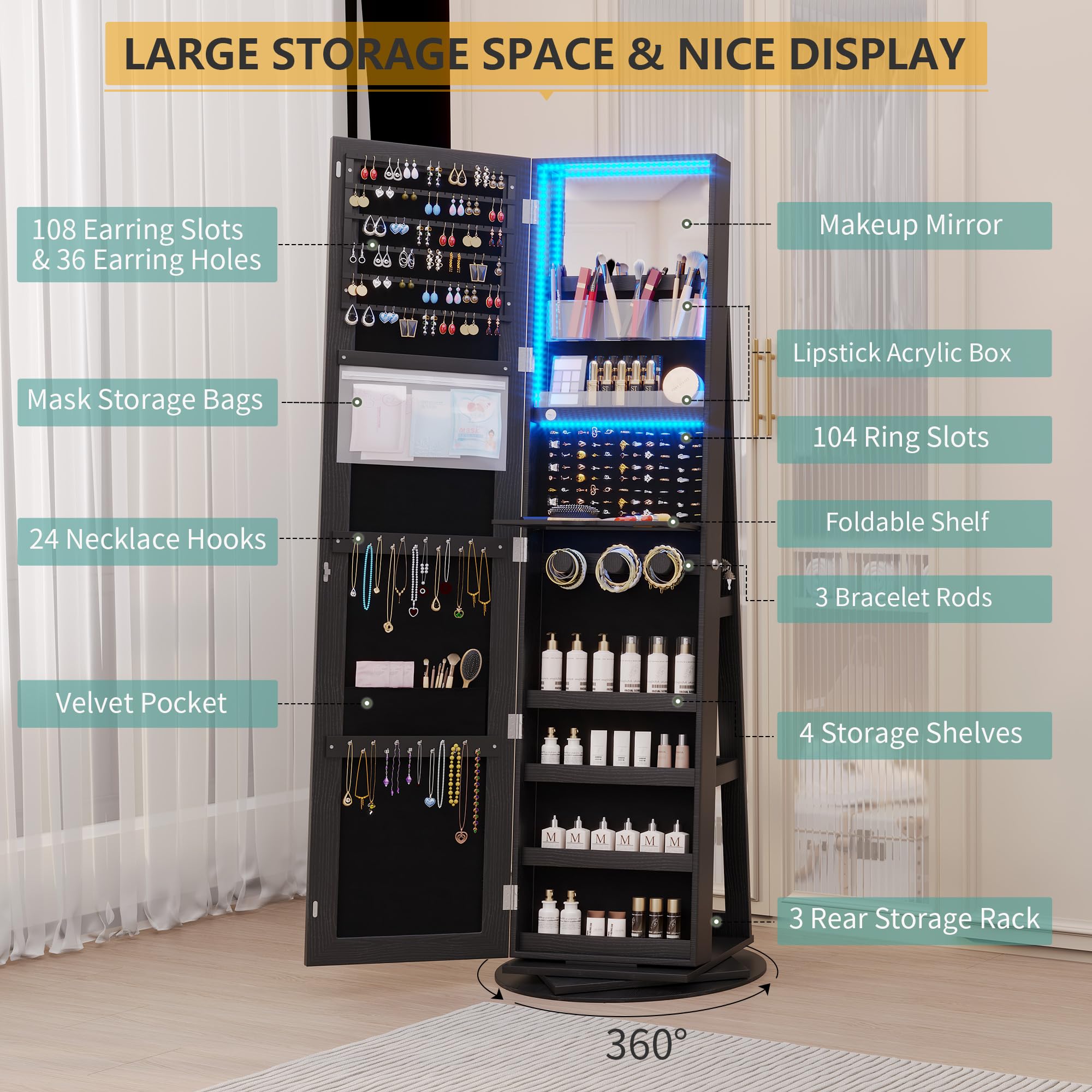 360° Swivel Jewelry Cabinet with LED Lights & Full-Length Mirror - Large Lockable Jewelry Armoire Organizer with Storage Shelves, Free Standing Mirror for Bedroom & Closet (Black) - Perfect for Jewelry Storage, Display & Dressing Room Organization