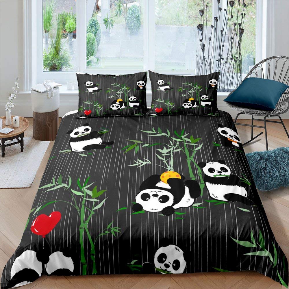 Soft Panda Print Twin Size Comforter Set for Kids & Teens - Cute Black & White Bamboo Eating Panda Duvet Cover, 2-Piece Microfiber Bedding Set | Perfect for Kids' Bedroom Decor & Themed Nursery