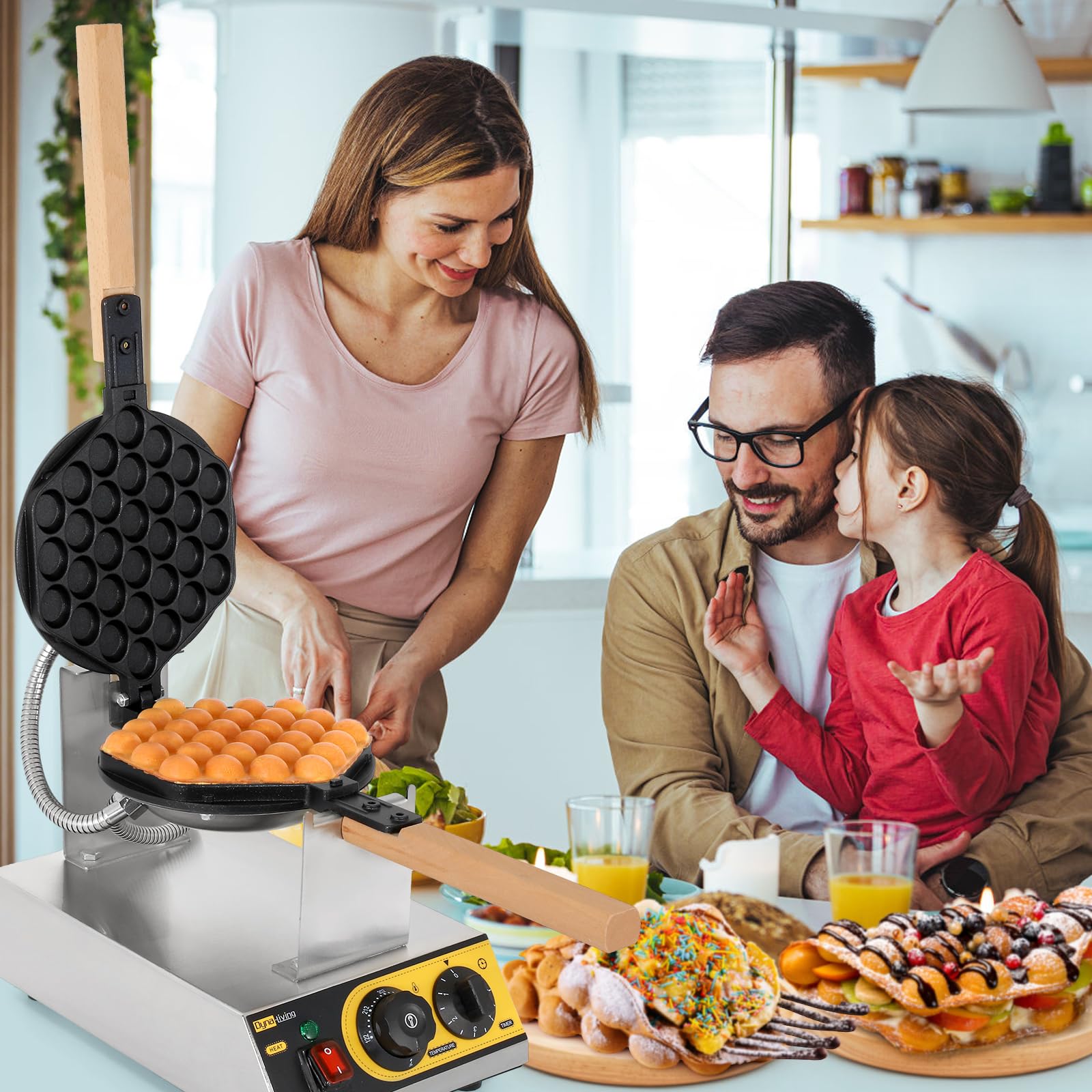 Dyna-Living 1400W Commercial Bubble Waffle Maker - Electric Stainless Steel Egg Waffle Machine with 180° Rotation & Non-Stick Coating - Perfect for Restaurants, Cafes & Home Breakfast (Hong Kong Style Egg Puff)