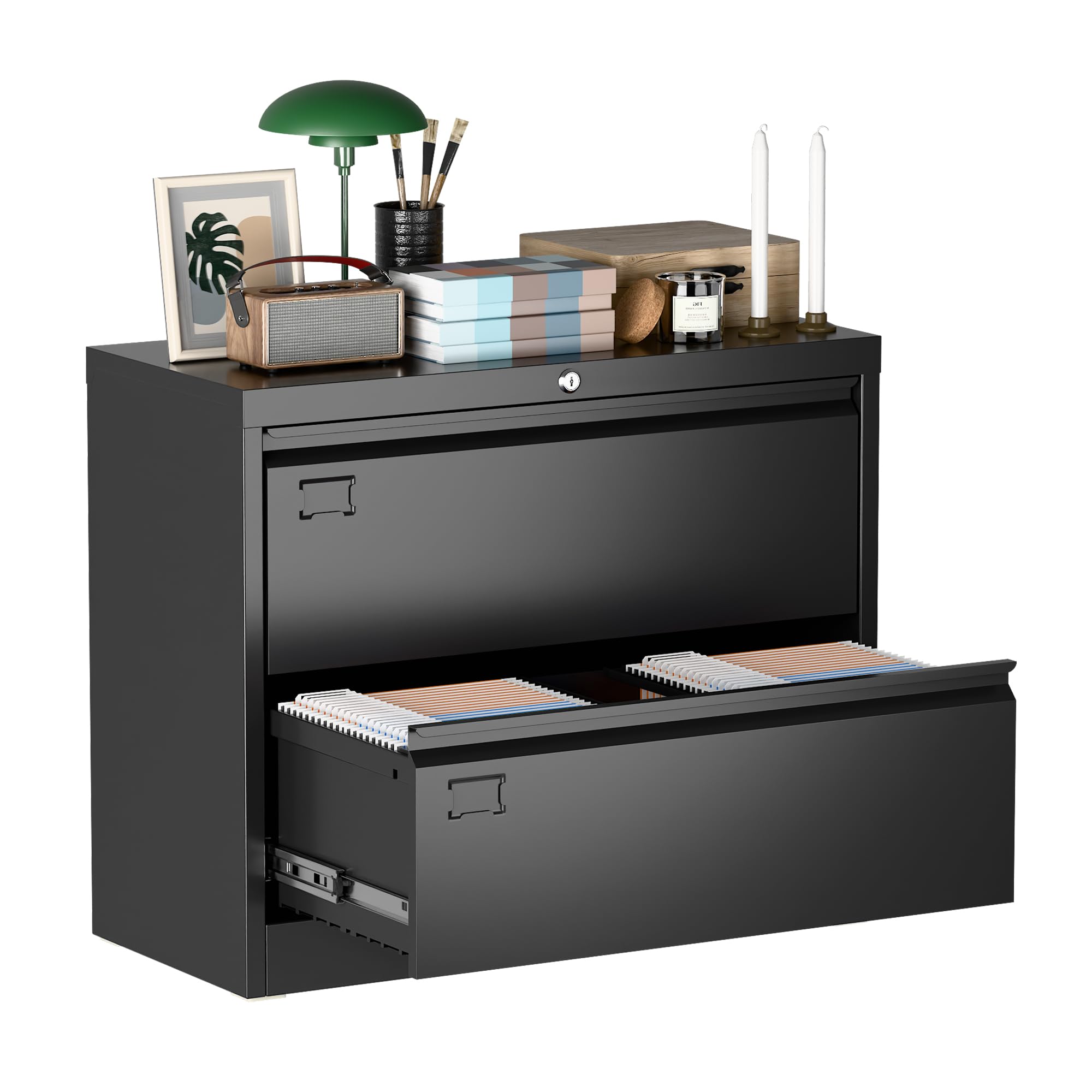 METAN 2-Drawer Metal Lateral Filing Cabinet - Locking Steel File Storage for Legal/Letter/A4 Documents - Black Home Office Organizer | Perfect for Office, Study Room & Home Workspace Organization