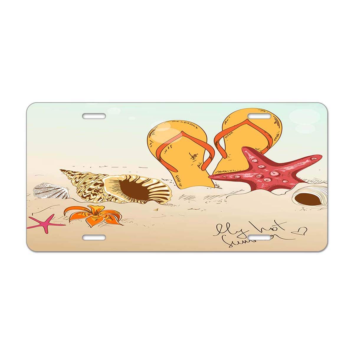 Sandy Beach Seashells Starfish Flip Flops Car License Plate Cover - 6x12 Inch Decorative Summer Beach Theme Metal Tag with 4 Holes - Perfect for Coastal Cars, Beach Vacation Vibes & Summer Road Trips
