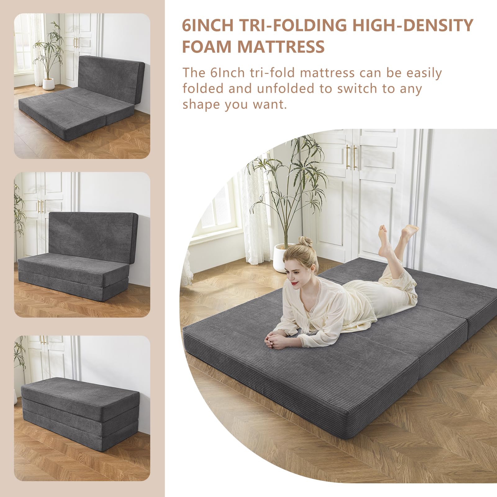 MAXYOYO 6 Inch Corduroy Tri-Folding Gel Memory Foam Mattress Topper - Foldable Guest Bed & Camping Pad in Carbon Grey | Perfect for Spare Rooms, Sleepovers & Outdoor Adventures