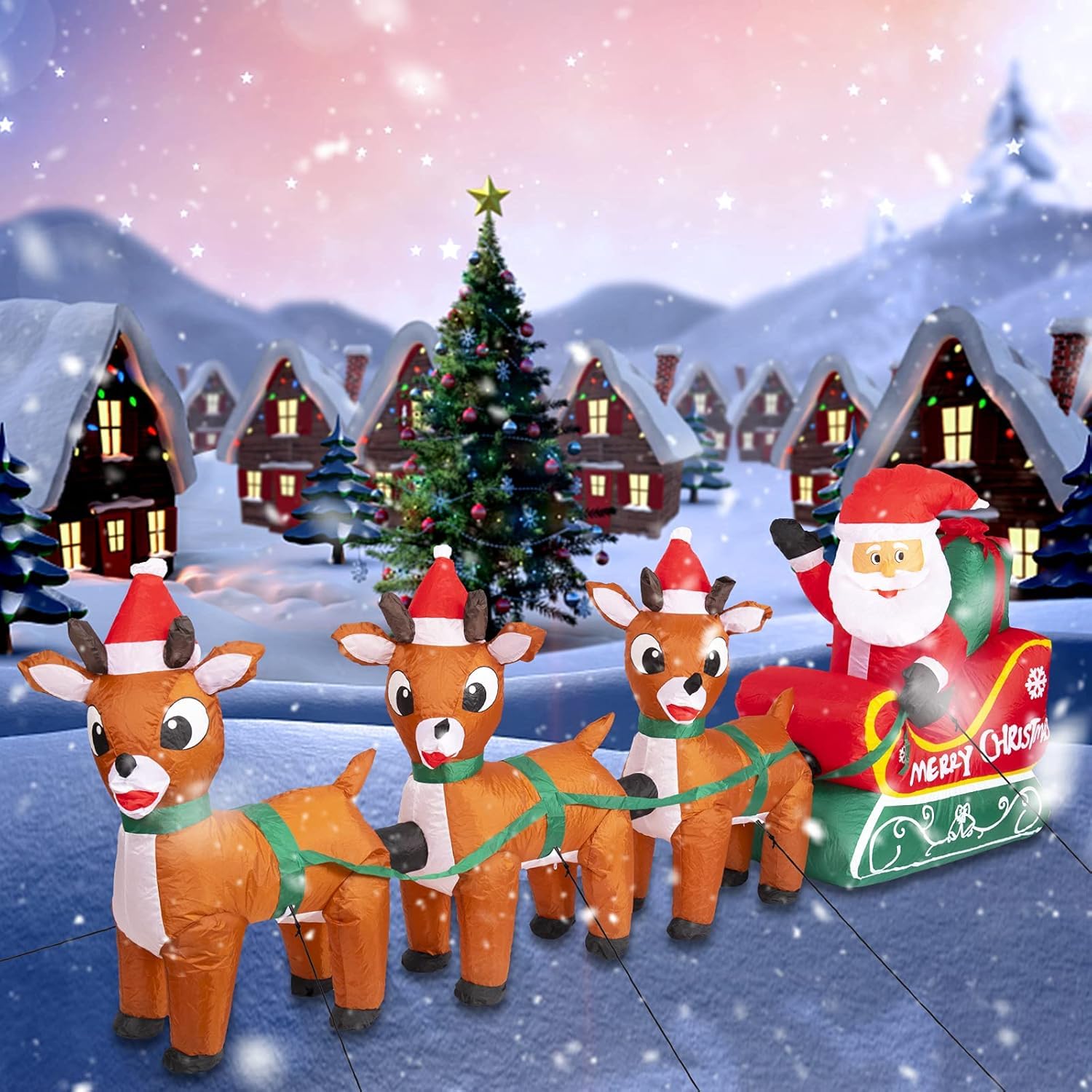 8.2FT Inflatable Santa Claus on Sleigh with 3 Reindeers - LED Lighted Christmas Yard Decoration for Holiday, Party, Xmas Decor - Perfect for Front Lawn, Garden & Outdoor Festive Decorations
