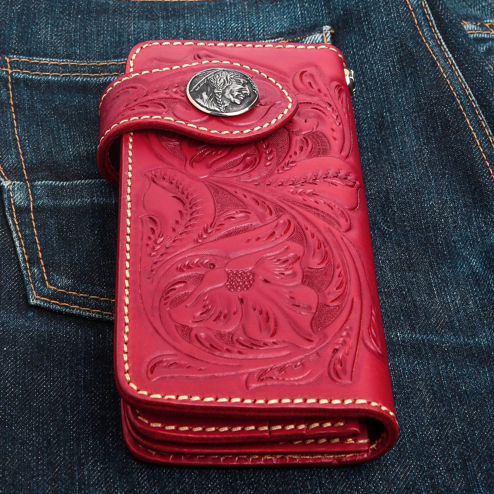 Premium Genuine Red Indian Leather Biker Wallet for Men - Stylish & Durable RFID Blocking Wallet for Motorcycle Riders, Travel & Everyday Use