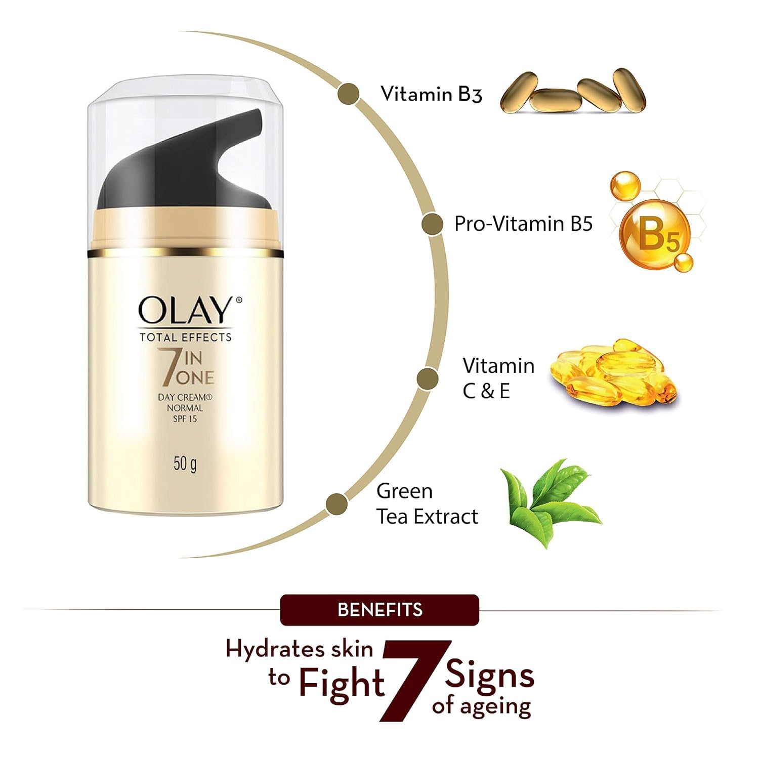 Olay Total Effects Anti-Aging Moisturizing Cream with Niacinamide & Green Tea Extract | Fights Wrinkles, Dark Spots & 5 Other Signs of Aging | SPF 15 Sun Protection for Normal, Oily, Dry & Combination Skin | 50g | Perfect for Daily Skincare Routine & Nighttime Hydration