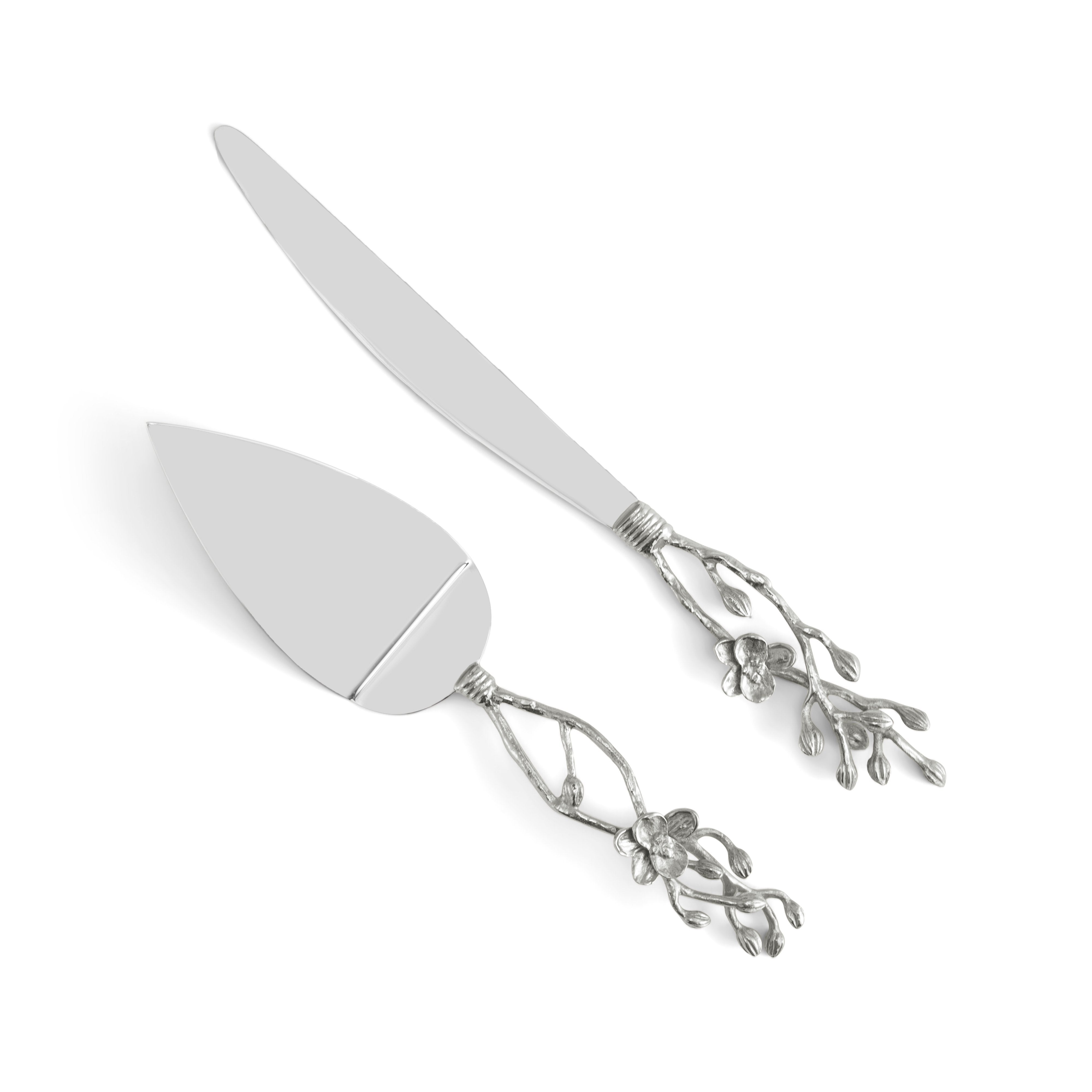 Elegant White Orchid Wedding Cake Knife and Server Set - Stainless Steel Cake Cutting Set for Bridal Showers, Anniversaries & Special Occasions