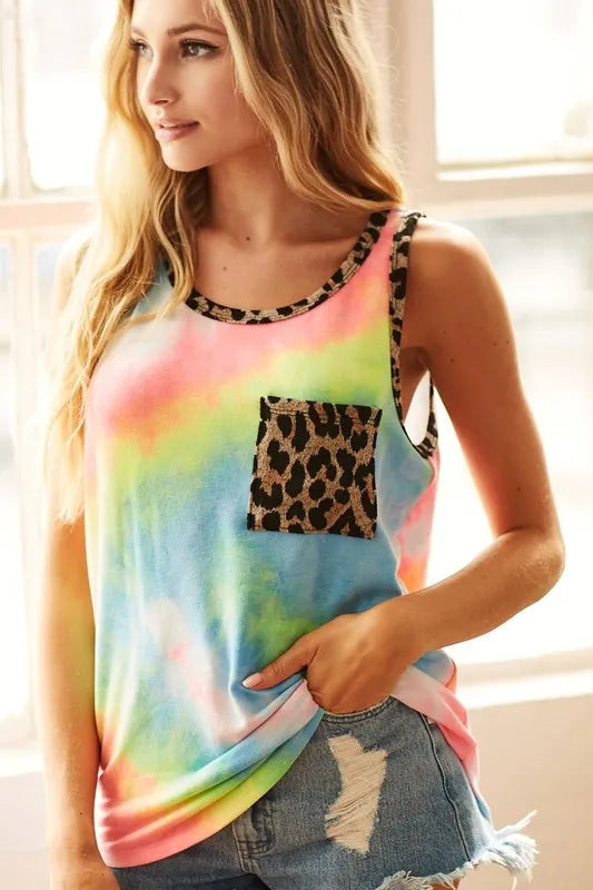 BiBi Sleeveless Tie Dye T-Shirt with Leopard Print Band - Stylish Summer Casual Top for Women, Perfect for Beach Outings, Music Festivals & Streetwear Fashion