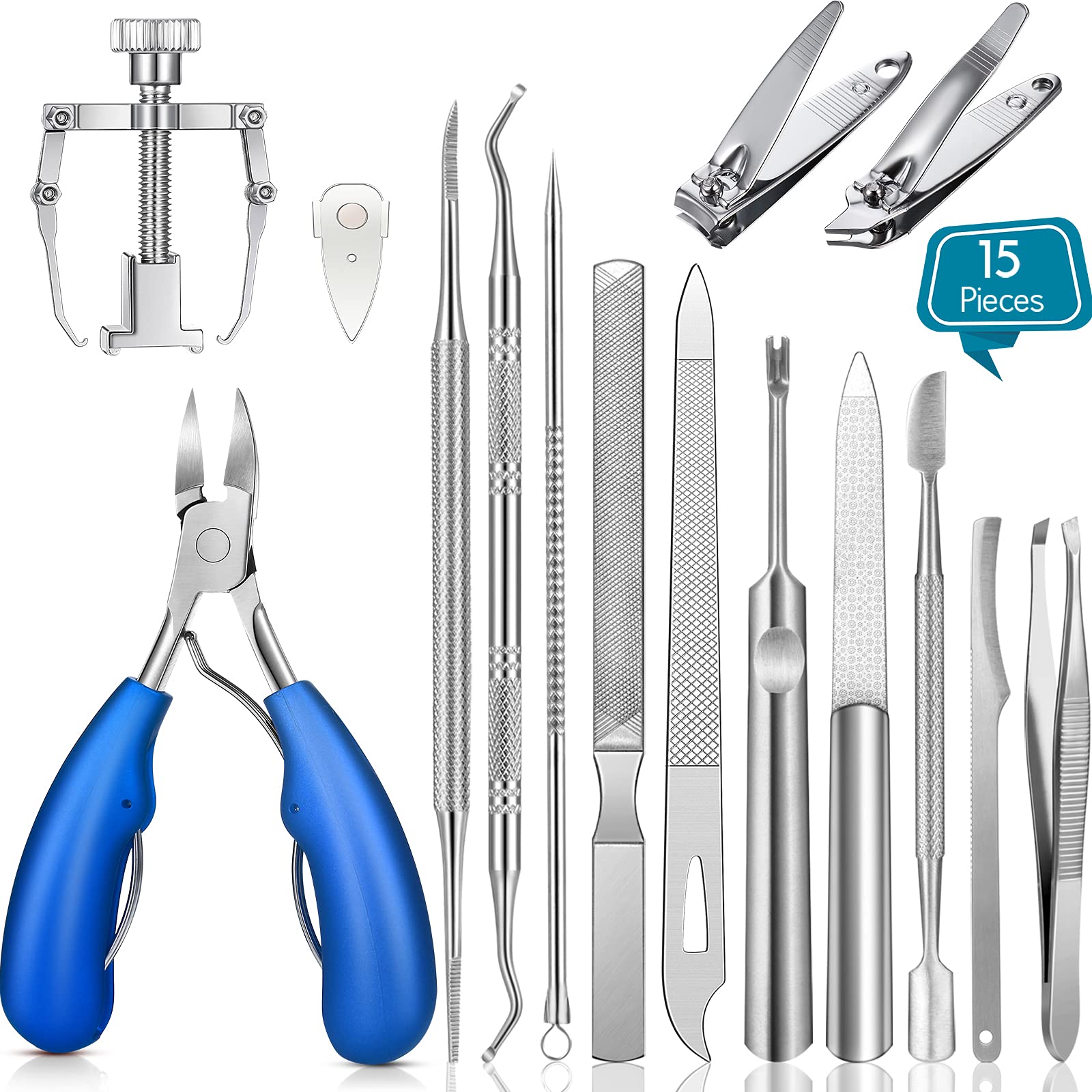 15-Piece Stainless Steel Ingrown Toenail Care Kit - Professional Nail Clippers, Cuticle Trimmers, Toenail Files & Pedicure Tools for Ingrown & Thick Nails - Perfect for Home Manicure & Foot Care (Blue)