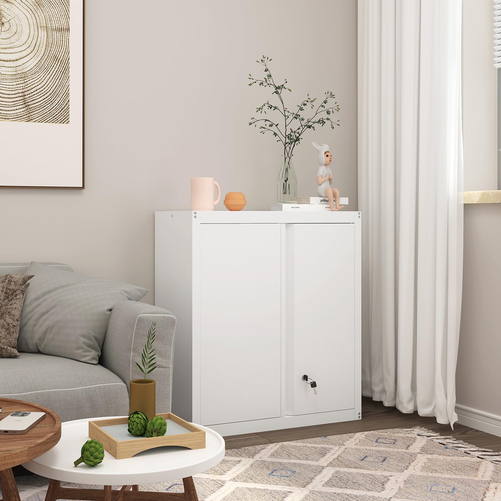 White Metal Wall Cabinet - 2 Door Steel Storage Hanging Cabinet for Office, Home, Kitchen & Bathroom - Durable Wall Mounted Organizer for Shelves, Towels & Supplies