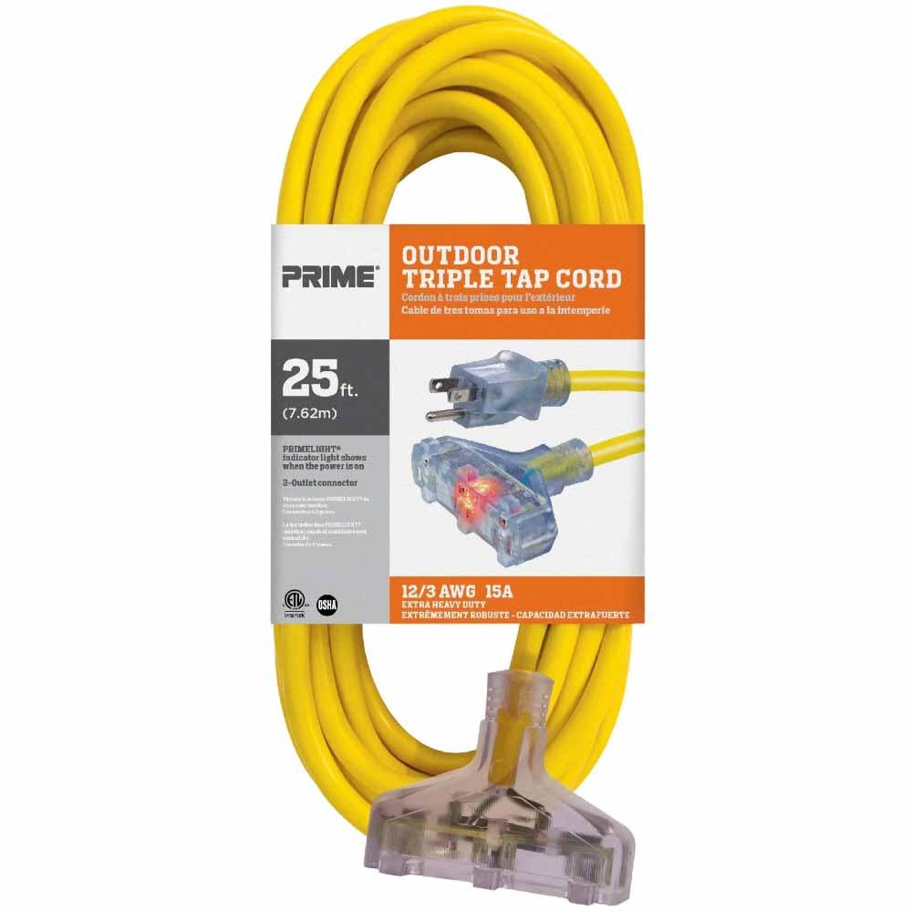 25 ft. Heavy Duty Outdoor Extension Cord - 12/3 Gauge SJTW Yellow Weatherproof Power Cable - Perfect for Garden, Workshop, Construction Site & Holiday Lighting
