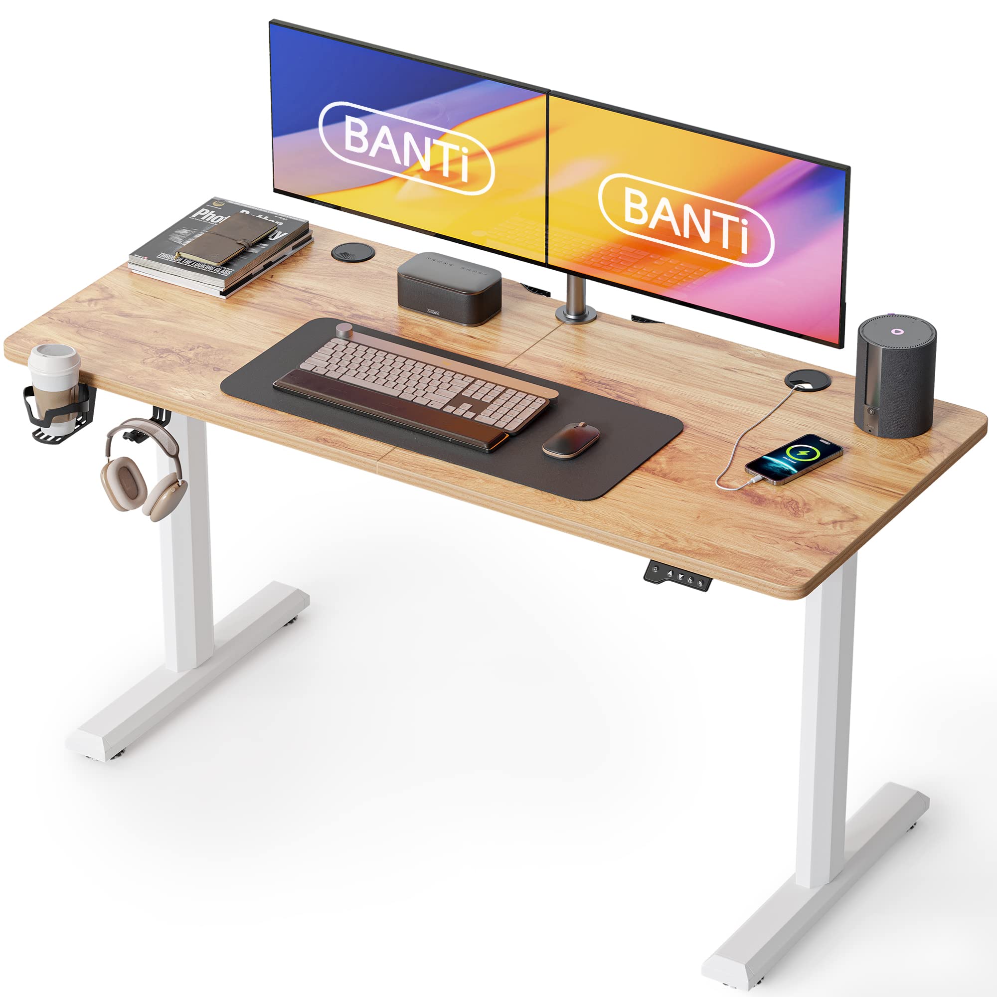 BANTI 55x24 Inch Electric Standing Desk - Height Adjustable Sit Stand Home Office Desk with Light Rustic Brown Top | Ergonomic Workstation for Remote Work, Gaming & Study