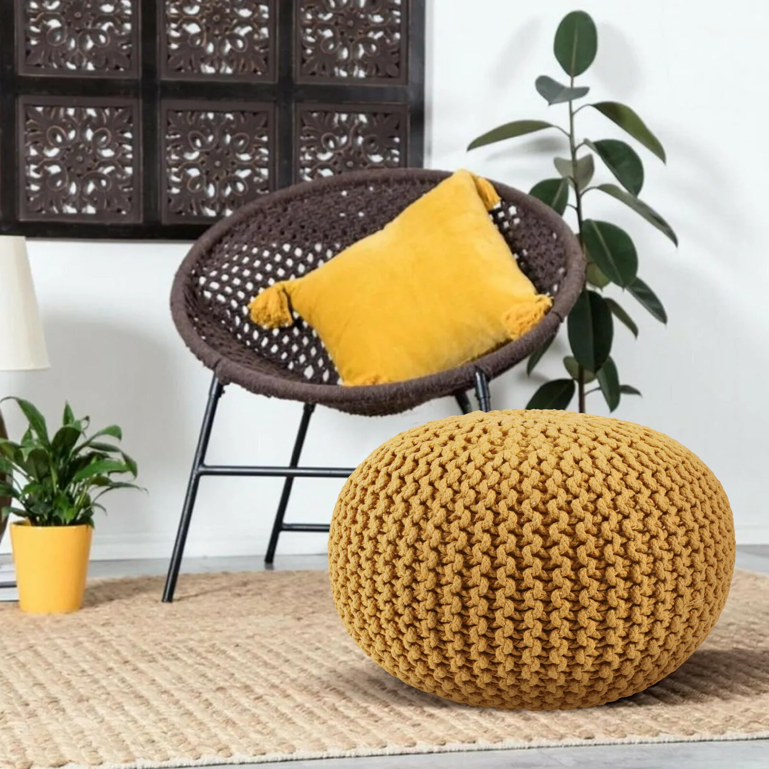 Mustard Yellow Round Ottoman Pouf - Elegant Foot Rest for Living Room Decor