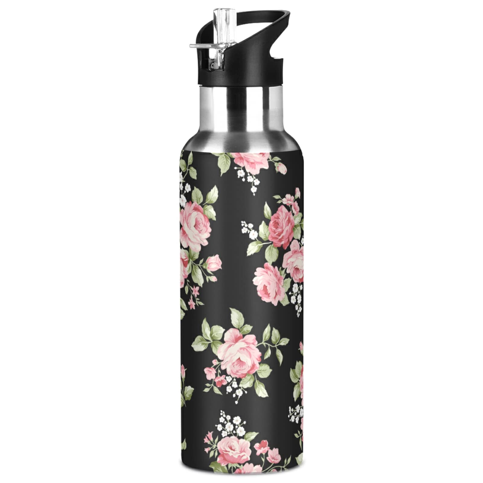 ALAZA Pink Rose Stainless Steel Water Bottle 20oz - Vacuum Insulated for Travel & Gym