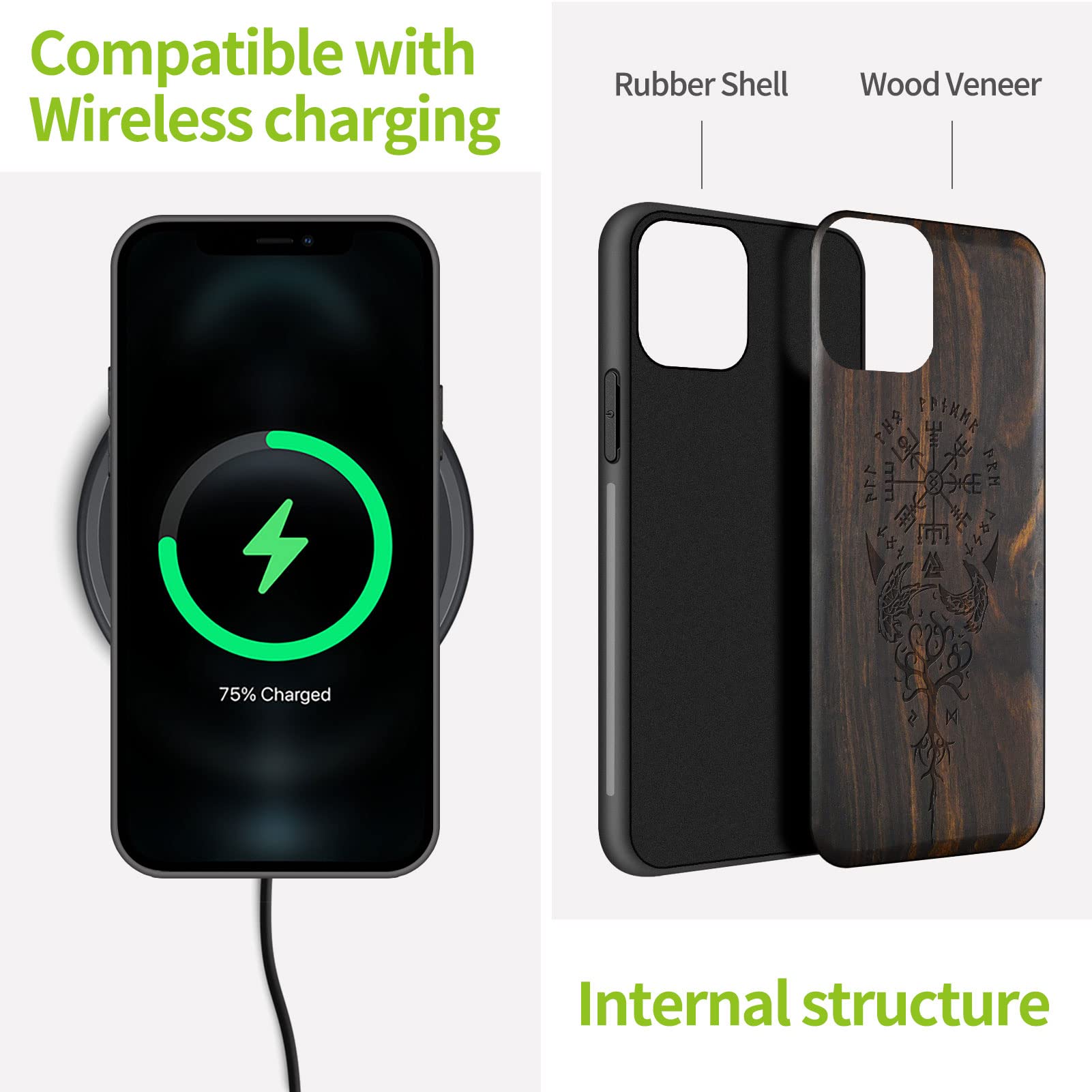 Carveit Real Wood iPhone 11 Pro Case - Hard Wood & Soft TPU Shockproof Protective Cover - Viking Compass Vegvisir Design (Blackwood) - Durable & Stylish Wooden Phone Cover for Everyday Use & Outdoor Activities