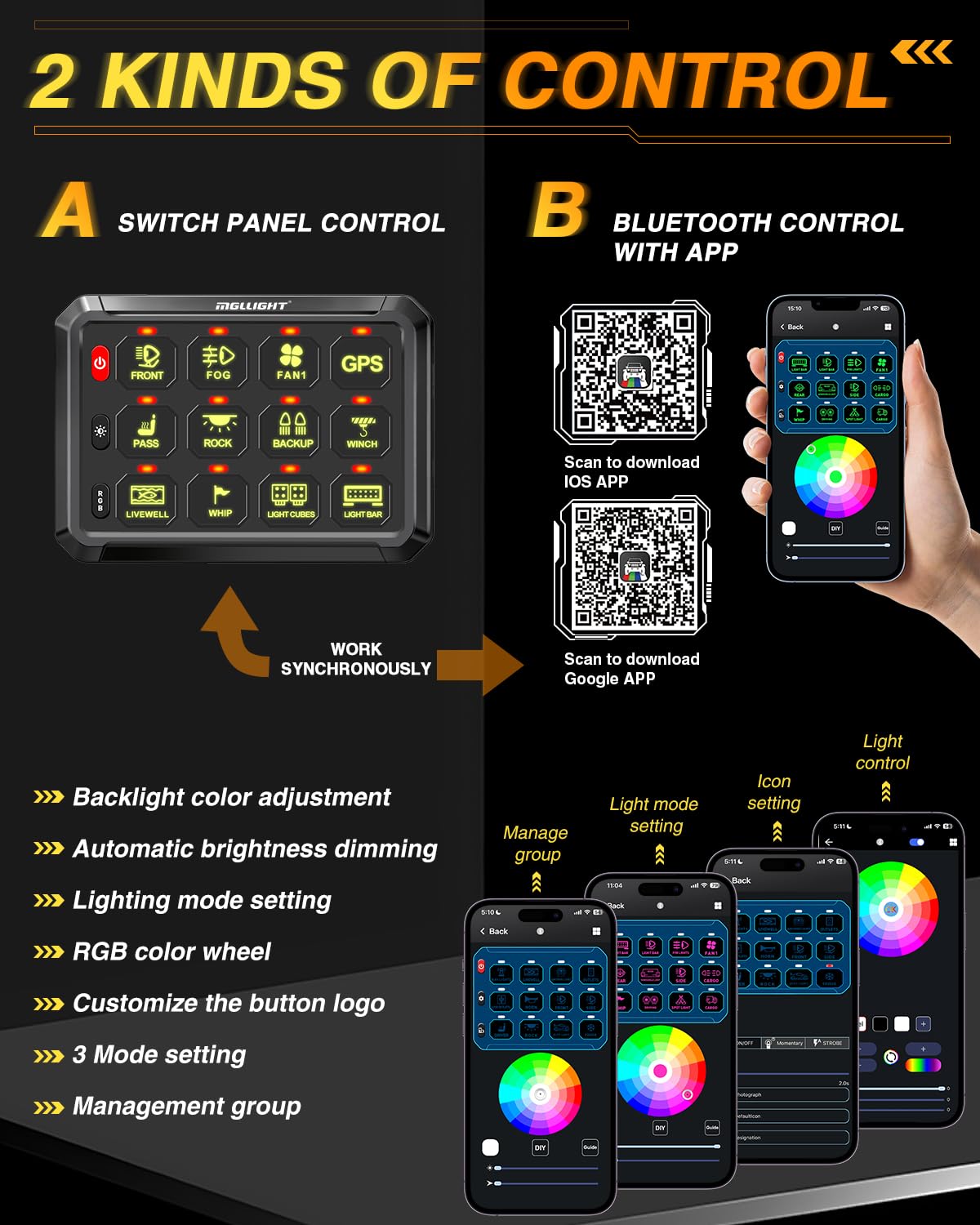 12 Gang RGB Bluetooth Switch Panel with Strobe & Momentary Toggle - Universal Control Box for Offroad, Boat, SUV, Camper Van, RV, ATV & Construction Vehicles | Perfect for Lighting, Audio & Accessory Control