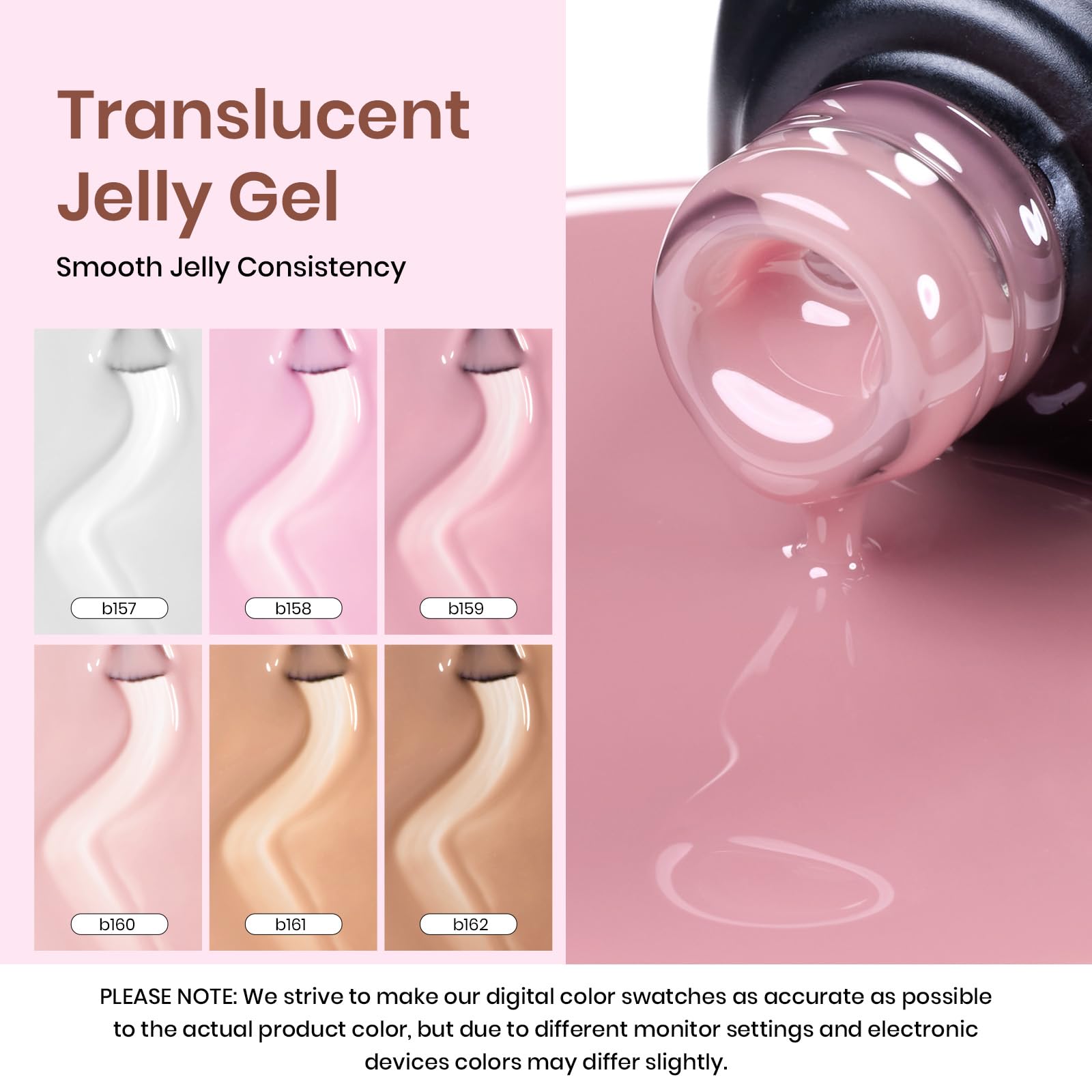 Beetles Jelly Gel Nail Polish Set - 6 Colors Milky White Nude Pink Sheer Brown Soak Off UV Gel Polish Kit | Translucent French Manicure Effect, Nail Concealer | Perfect for Home Salon, DIY Nail Art, Gift for Women | Monochrome Collection