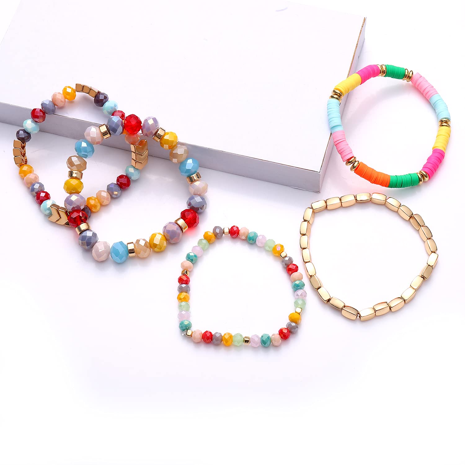 ANGLESJELL Beaded Stretch Bracelets for Women - Multilayered Colorful Crystal Heishi Bead Boho Bracelet Set | Stackable Summer Beach Jewelry | Perfect for Surfer Gifts, Boho Fashion & Festival Accessories