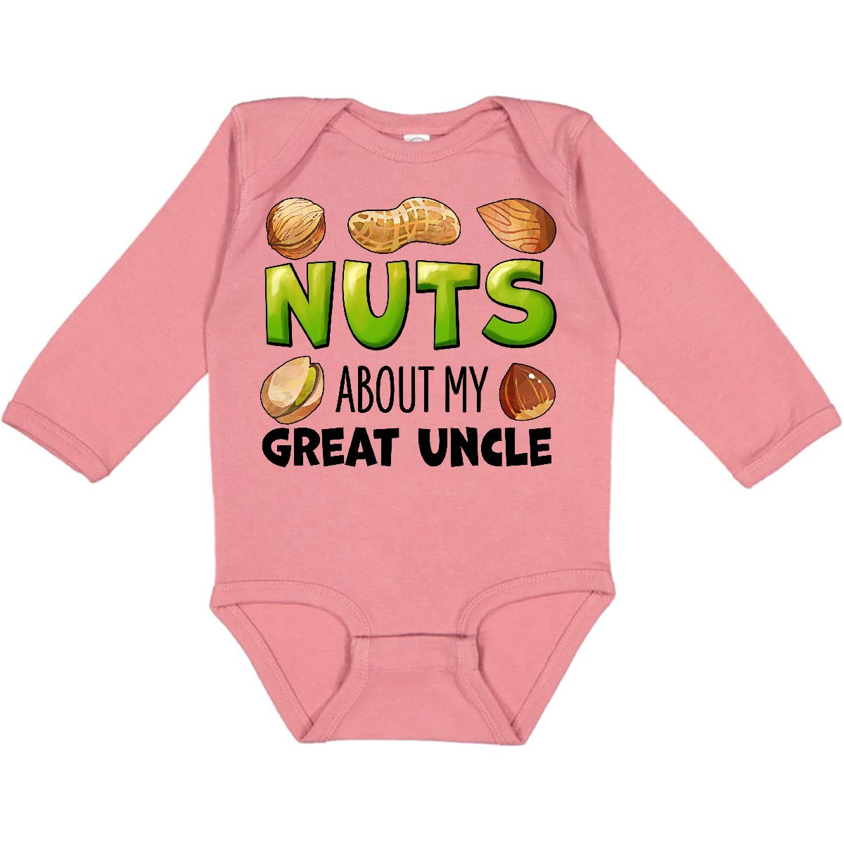 Funny Family Slogan Long Sleeve Baby Bodysuit - 'Nuts About My Great Uncle' Peanut & Almond Design | Cute Infant Outfit for Holidays, Family Photos & Casual Wear