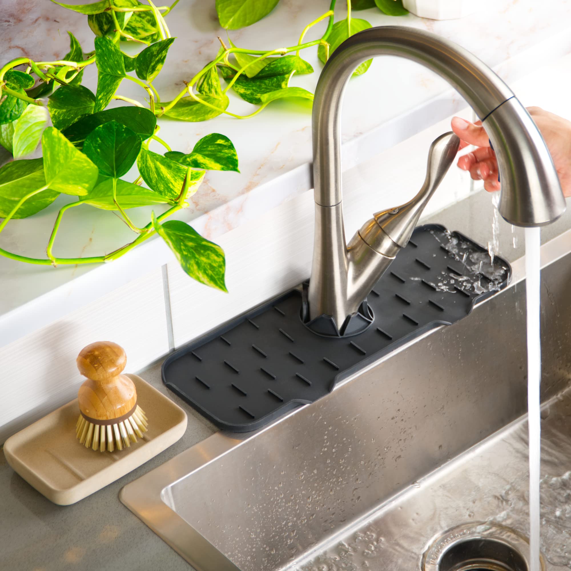 Premium Silicone Faucet Drip Tray & Sponge Holder - Non-Slip Kitchen Sink Accessory for Dish Soap Storage | Multi-Functional Drying Mat for Countertops, Bathroom & Kitchen Sink (Black) - Perfect for Organizing Sponges, Brushes & Preventing Water Drips