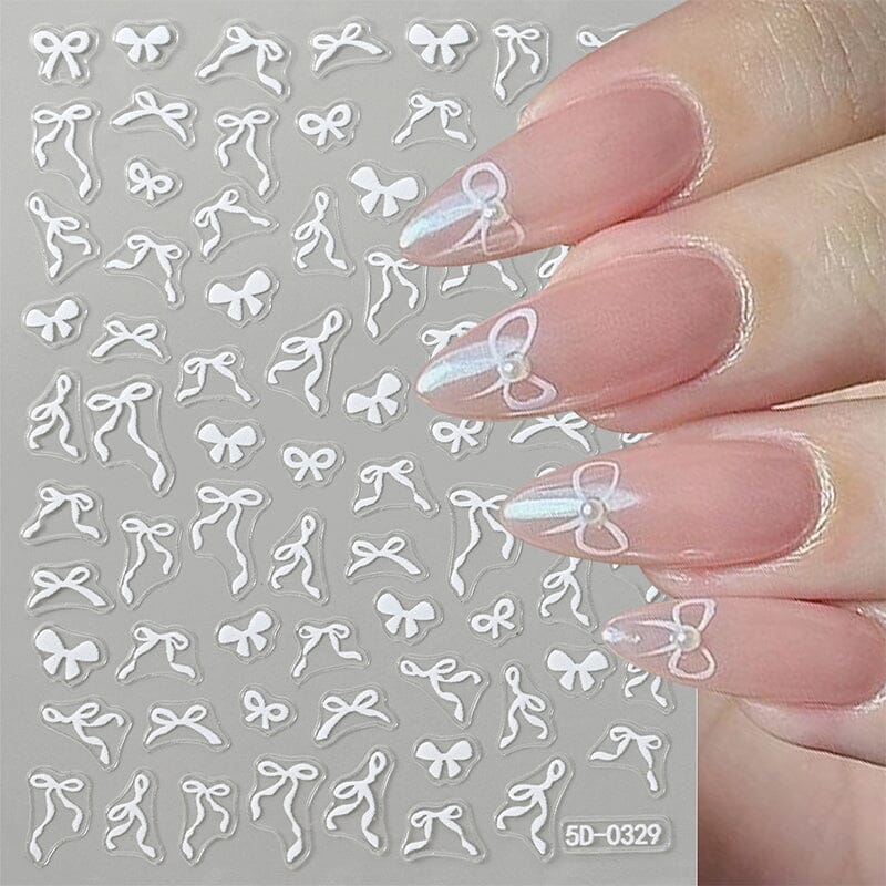 5D White Bowknot Nail Stickers - Elegant 3D Nail Art Decals for Women, Perfect for Parties, Weddings & Special Occasions