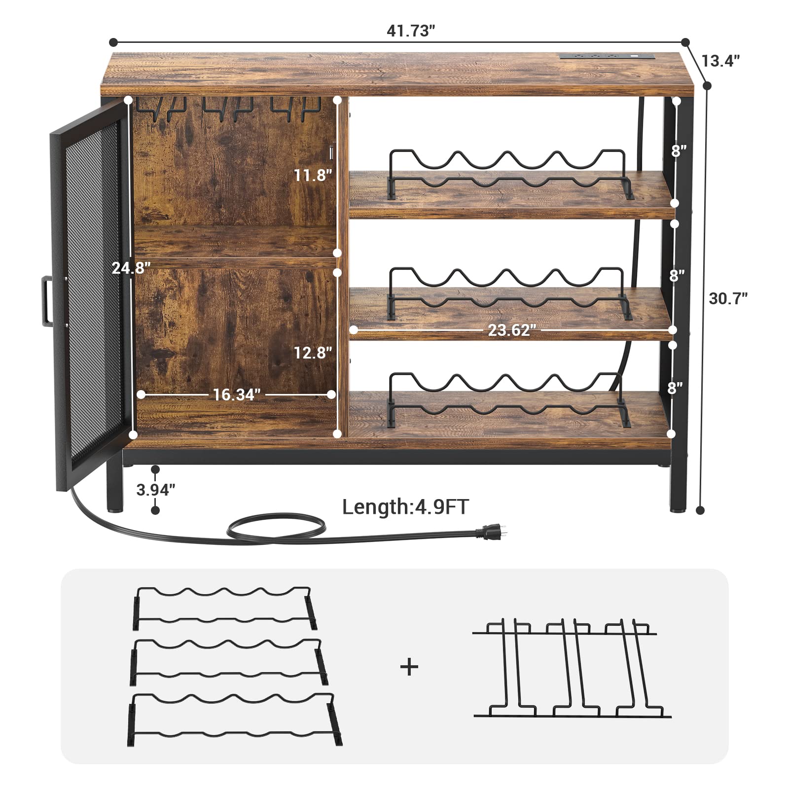 Homieasy Industrial Wine Bar Cabinet with Power Outlets - Farmhouse Coffee & Liquor Storage with Removable Wine Racks & Glass Display - Rustic Brown Bar Cabinet for Kitchen, Dining Room or Home Bar Setup