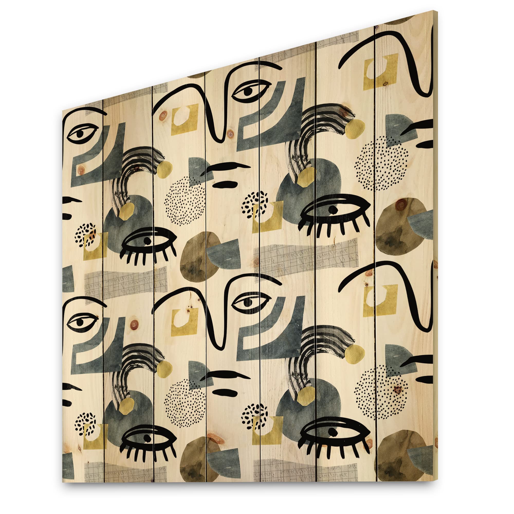 DesignQ Contemporary Eye & Doodle Collage Wood Wall Art - Modern Abstract Grey Wood Panel Decor Printed on Natural Pine - Perfect for Living Room, Bedroom or Office Wall Decoration