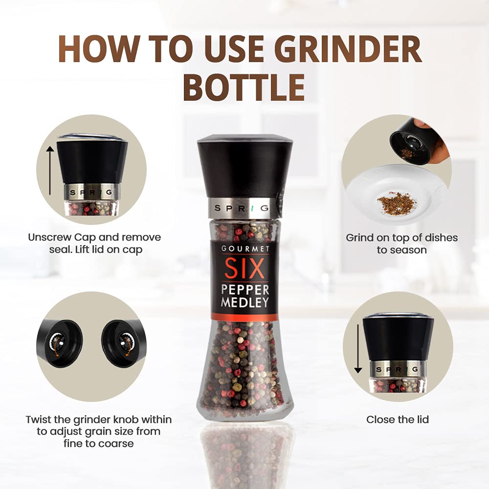 Premium Sprig Gourmet Six Pepper Medley - Rainbow Peppercorn Blend (Black, White, Pink, Green, Sichuan, Cubeb) | Whole Dried Peppercorns with Glass Grinder Bottle | Adjustable Coarseness | 85g | Perfect for Steak, Pasta & Gourmet Cooking