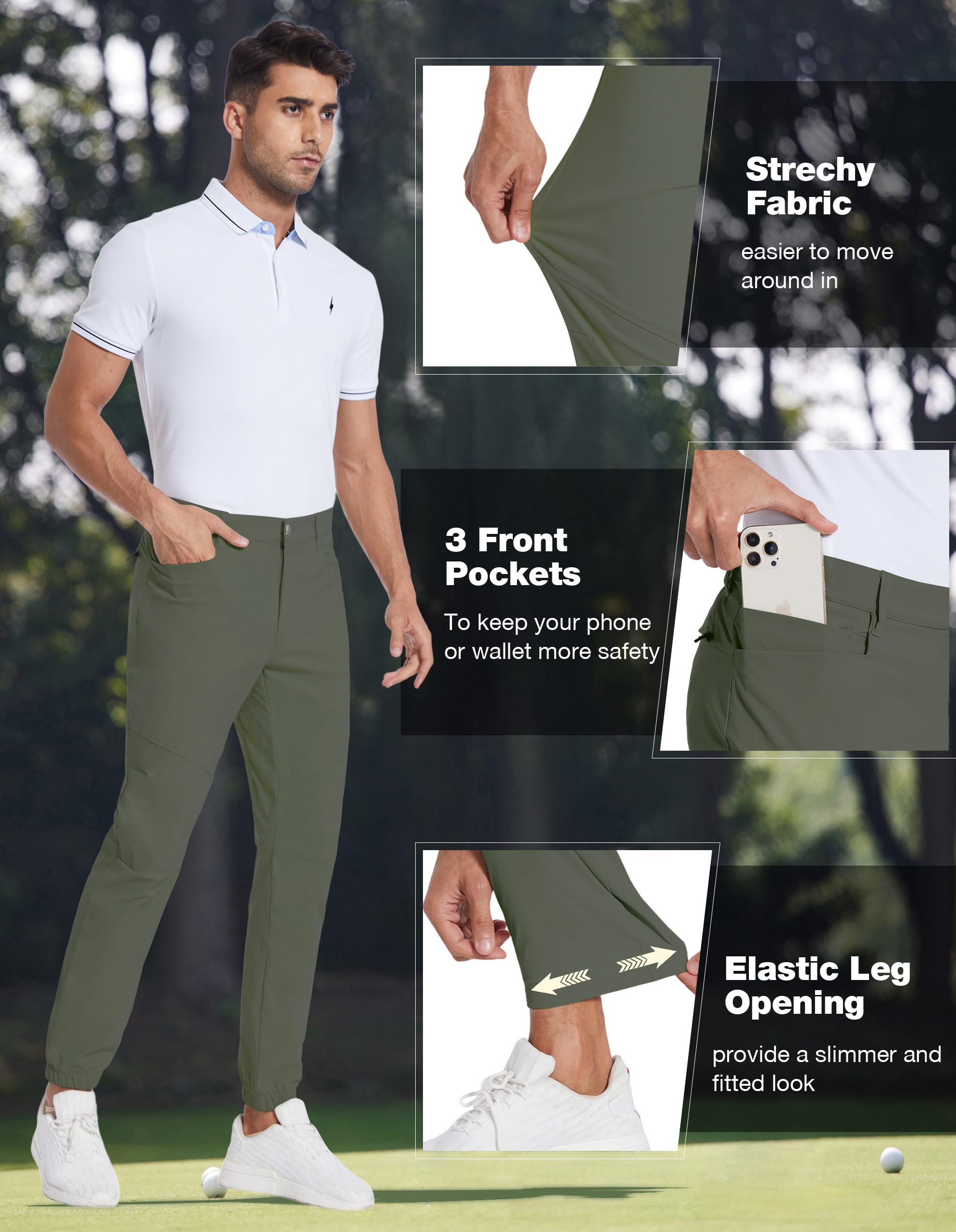 PULI Men's Stretch Golf Joggers Pants - Waterproof Slim Fit with 4 Pockets for Hiking, Travel & Work | Comfortable Casual Wear for Golfing & Outdoor Activities