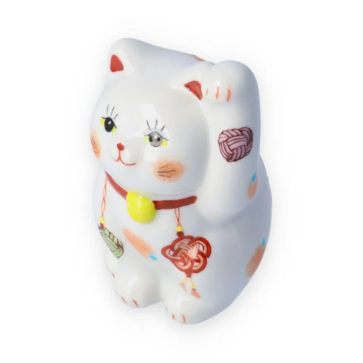 Authentic Kutani Yaki Japanese Maneki Neko Lucky Cat Figurine - Traditional Mizuhiki Red Decoration | Japanese Good Luck Charm for Home, Office & Gift Giving