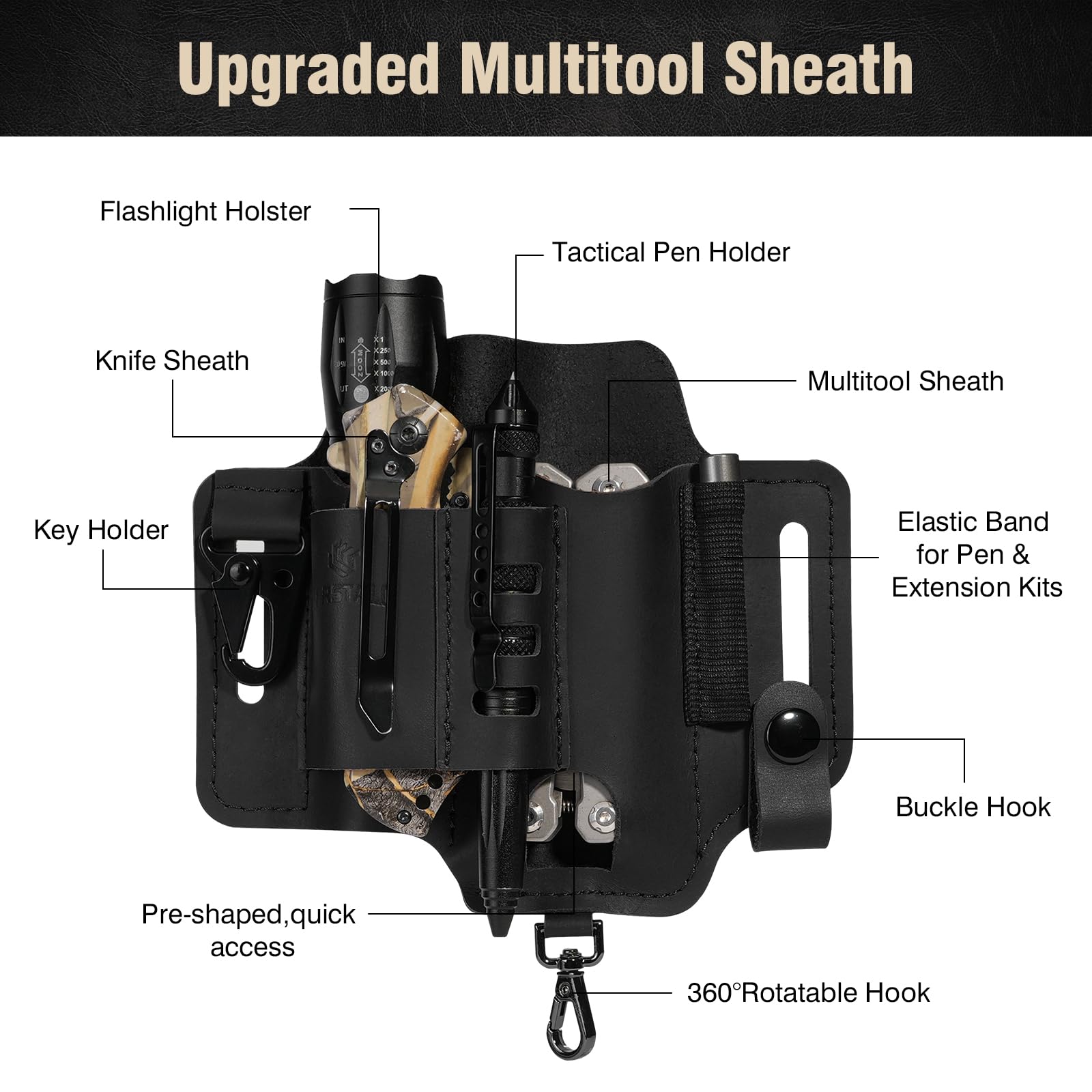 Leather Multitool Belt Sheath - EDC Pocket Organizer with 3 Hooks, Flashlight Holster, Pen & Keys Holder | Knife Sheath for Men | Perfect for Daily Carry, Outdoor Adventures, Camping & Hiking Gear | Black