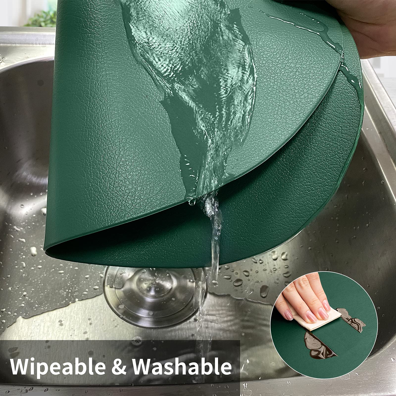 Premium Green Faux Leather Placemats Set of 6 - Waterproof & Washable Round Table Mats for Kitchen, Dining Room, Patio - Indoor/Outdoor Holiday Decor & Christmas Table Setting Accessories - Perfect for Dinner Parties, Family Gatherings & Festive Celebrations
