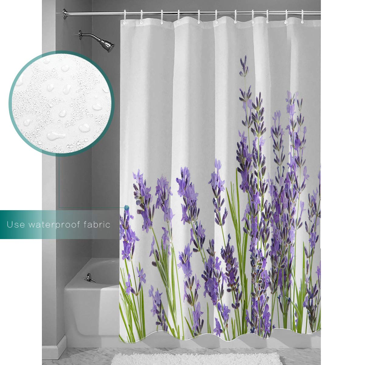 Lavender Flower Waterproof Shower Curtain Set - 36 x 72 Inch Purple Bathroom Decor with Hooks, Washable Fabric Bath Curtain for Home & Hotel Use - Perfect for Spa-Like Bathroom Makeovers