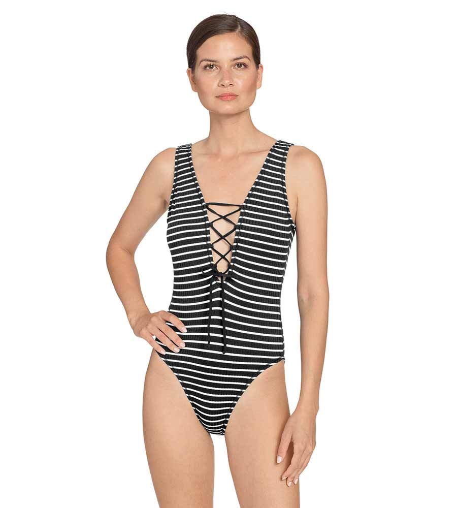 Robin Piccone Women's Sailor Stripe Lace-Up One Piece Swimsuit | Sexy Retro Bathing Suit for Beach, Pool & Vacation | Plus Size Swimwear with Adjustable Ties